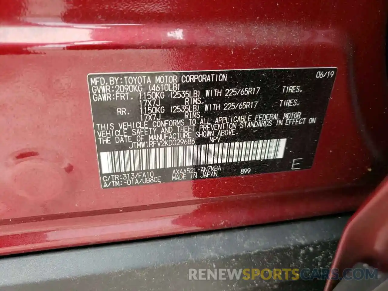 10 Photograph of a damaged car JTMW1RFV2KD029686 TOYOTA RAV4 2019