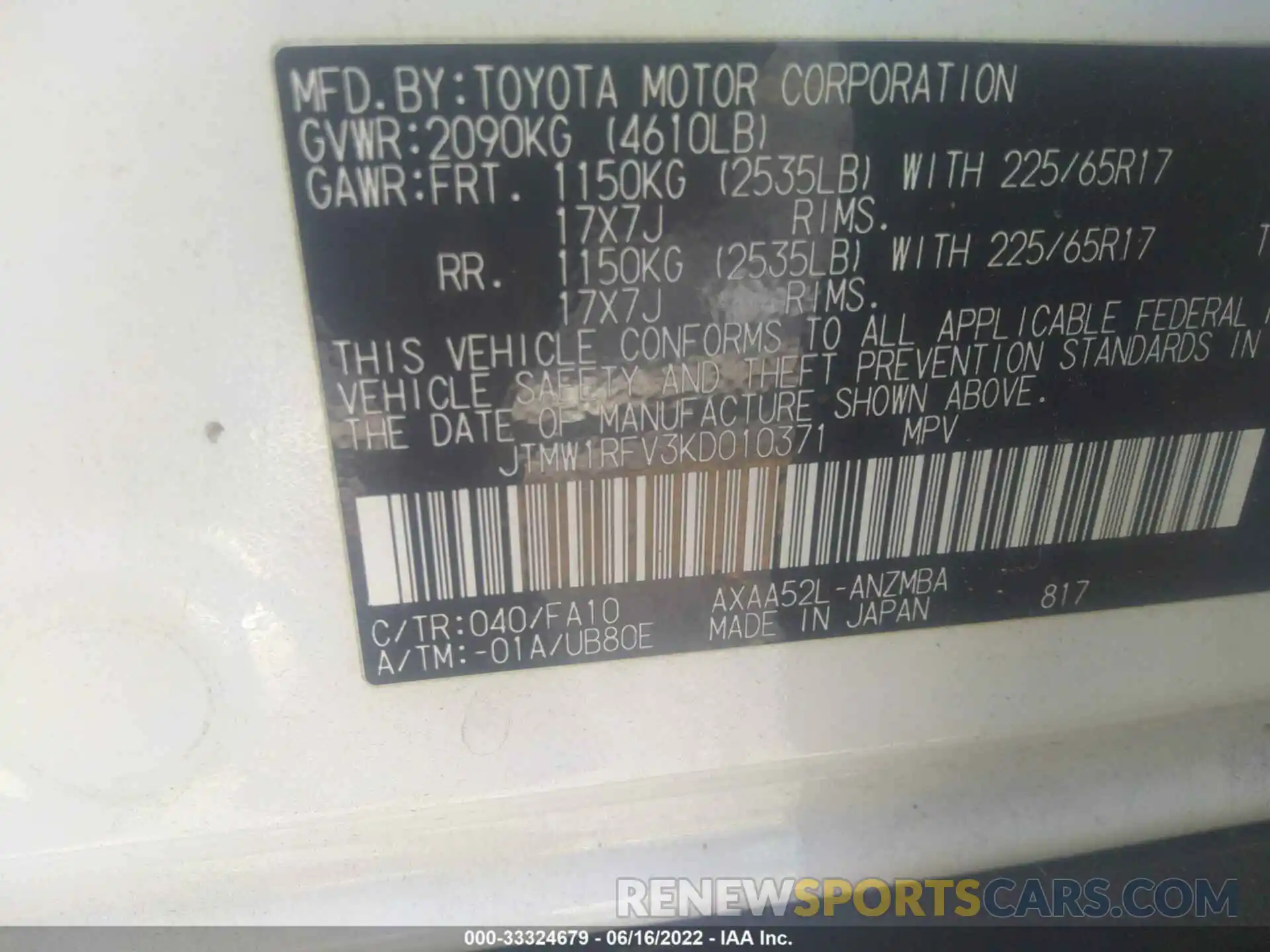 9 Фотография поврежденного автомобиля JTMW1RFV3KD010371 TOYOTA RAV4 2019