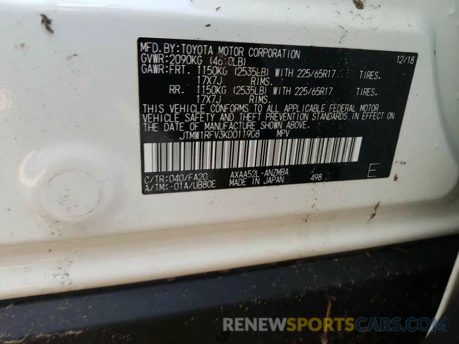 10 Photograph of a damaged car JTMW1RFV3KD011908 TOYOTA RAV4 2019