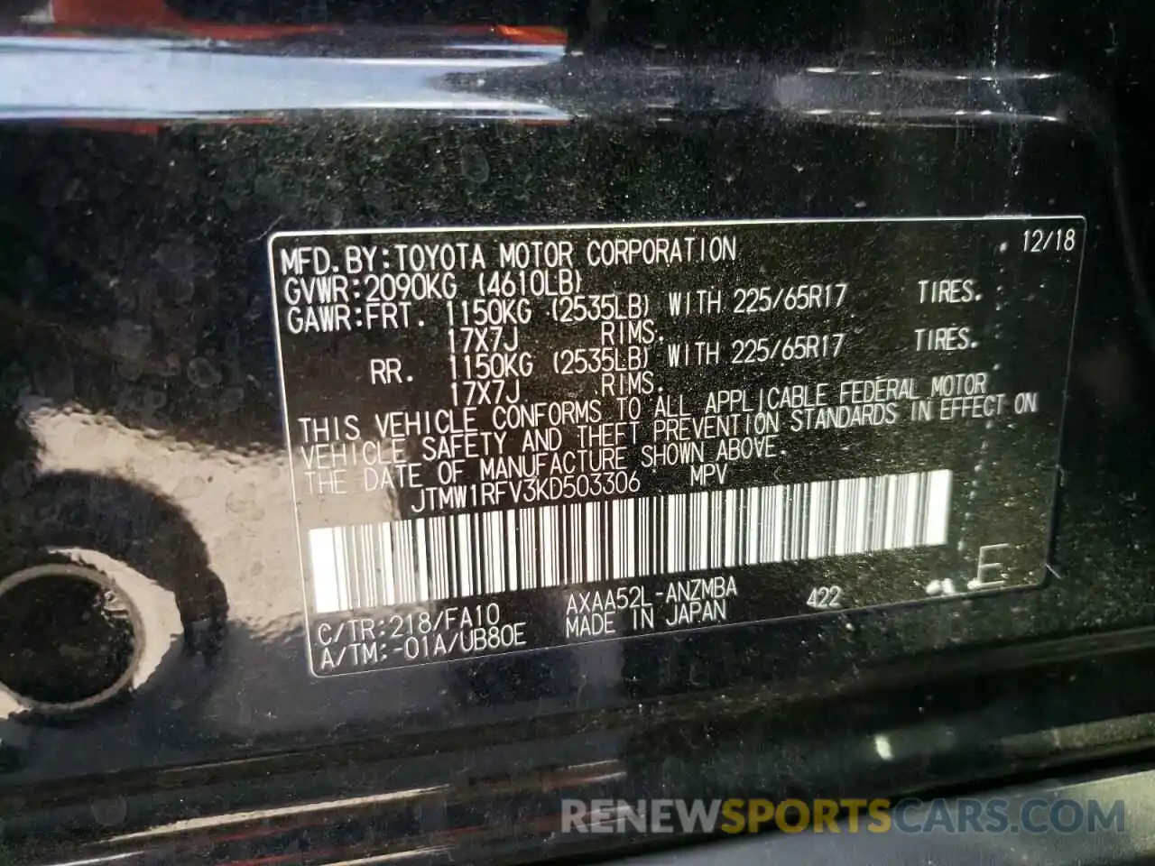 10 Photograph of a damaged car JTMW1RFV3KD503306 TOYOTA RAV4 2019