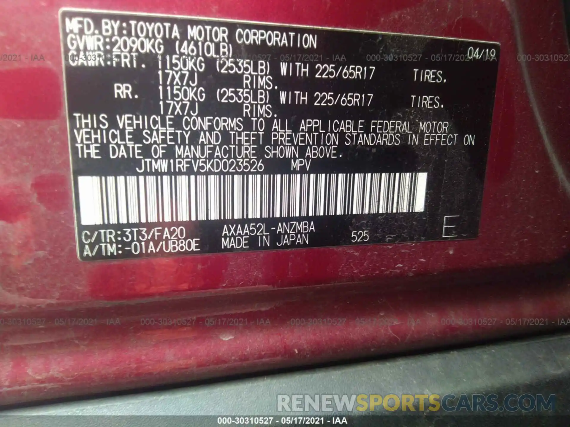 9 Фотография поврежденного автомобиля JTMW1RFV5KD023526 TOYOTA RAV4 2019