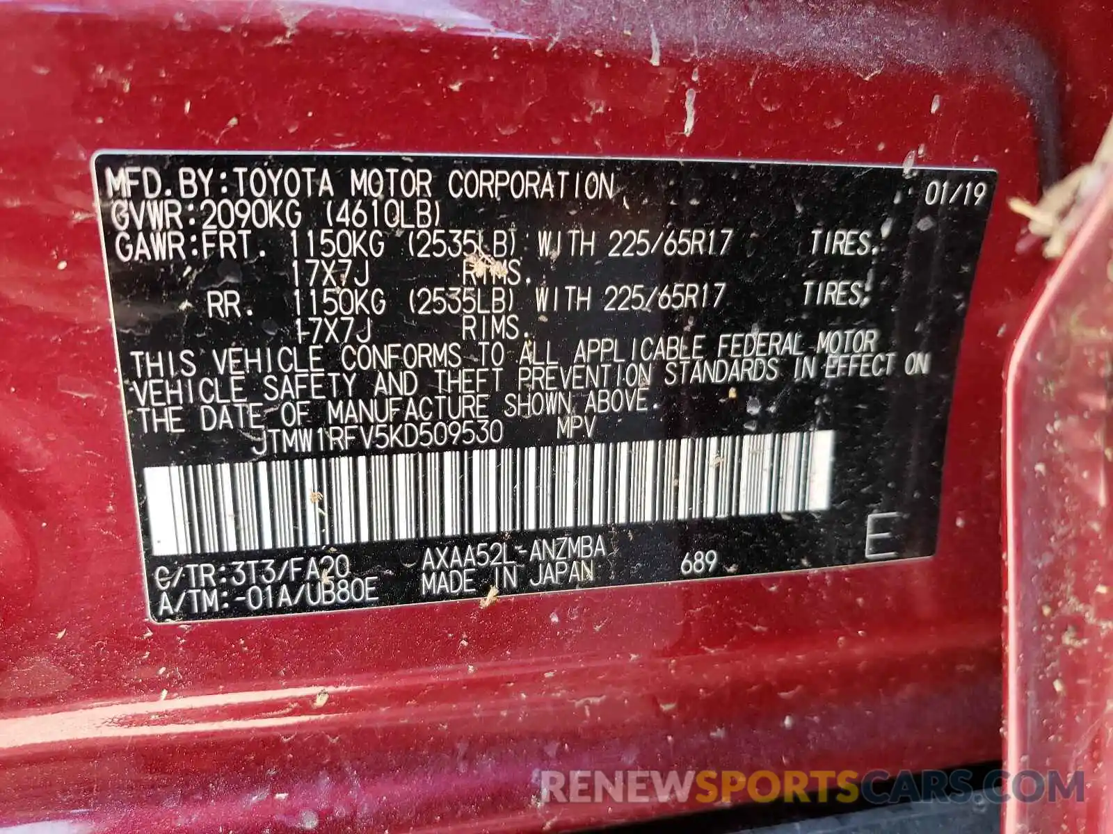 10 Photograph of a damaged car JTMW1RFV5KD509530 TOYOTA RAV4 2019