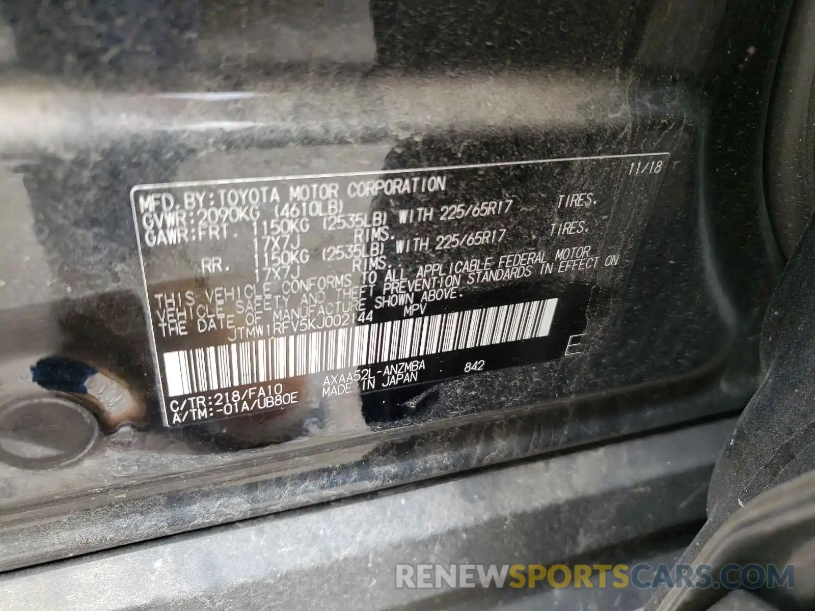 10 Photograph of a damaged car JTMW1RFV5KJ002144 TOYOTA RAV4 2019