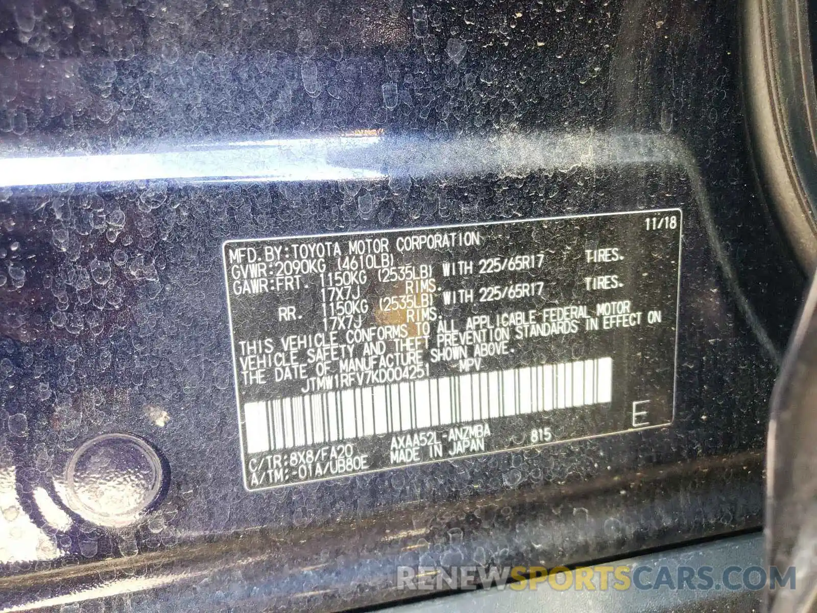 10 Photograph of a damaged car JTMW1RFV7KD004251 TOYOTA RAV4 2019