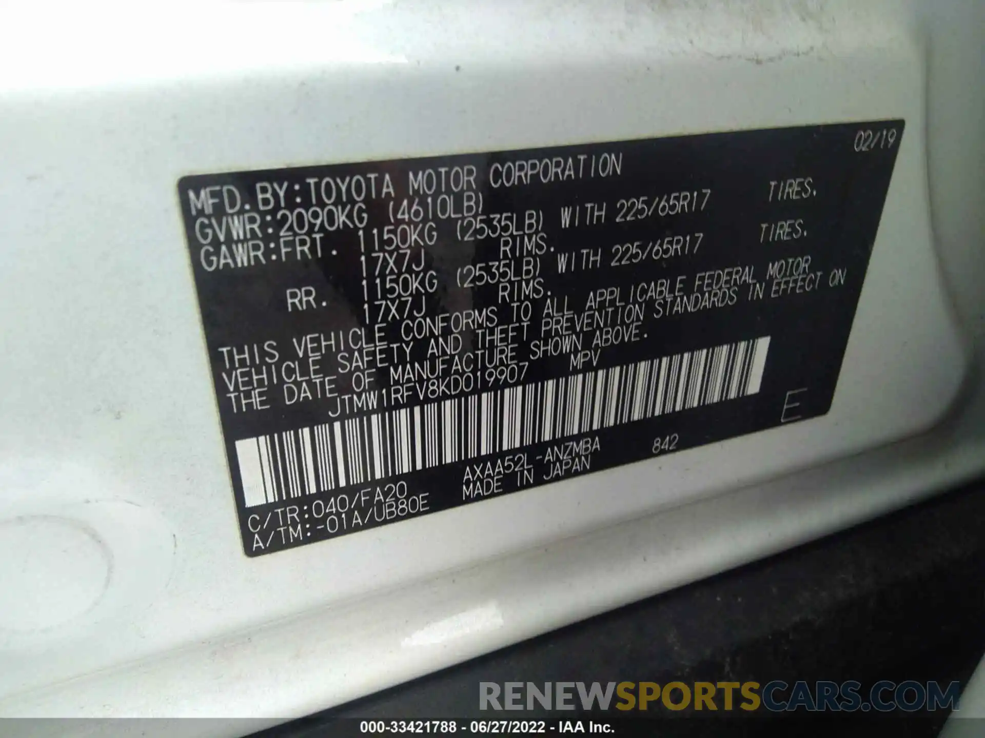 9 Фотография поврежденного автомобиля JTMW1RFV8KD019907 TOYOTA RAV4 2019