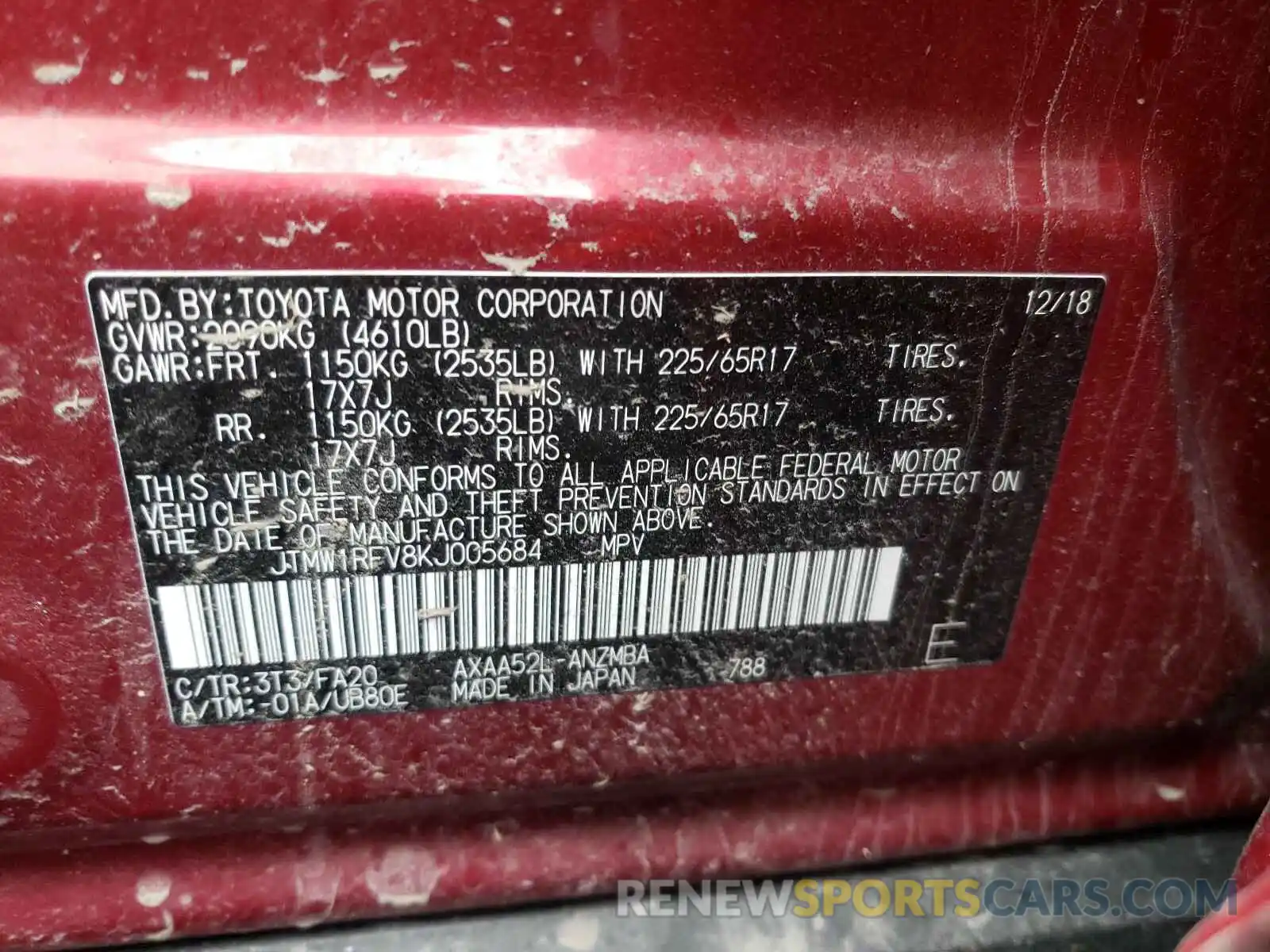 10 Photograph of a damaged car JTMW1RFV8KJ005684 TOYOTA RAV4 2019