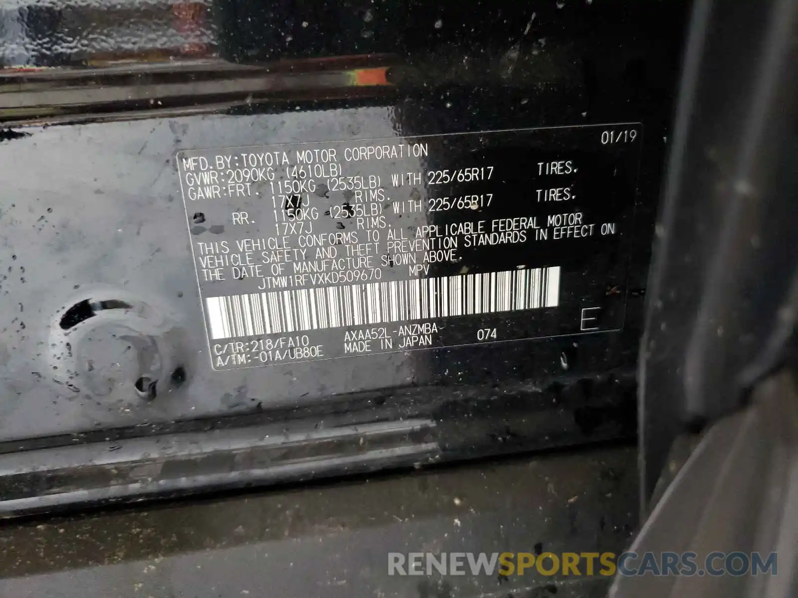 10 Photograph of a damaged car JTMW1RFVXKD509670 TOYOTA RAV4 2019