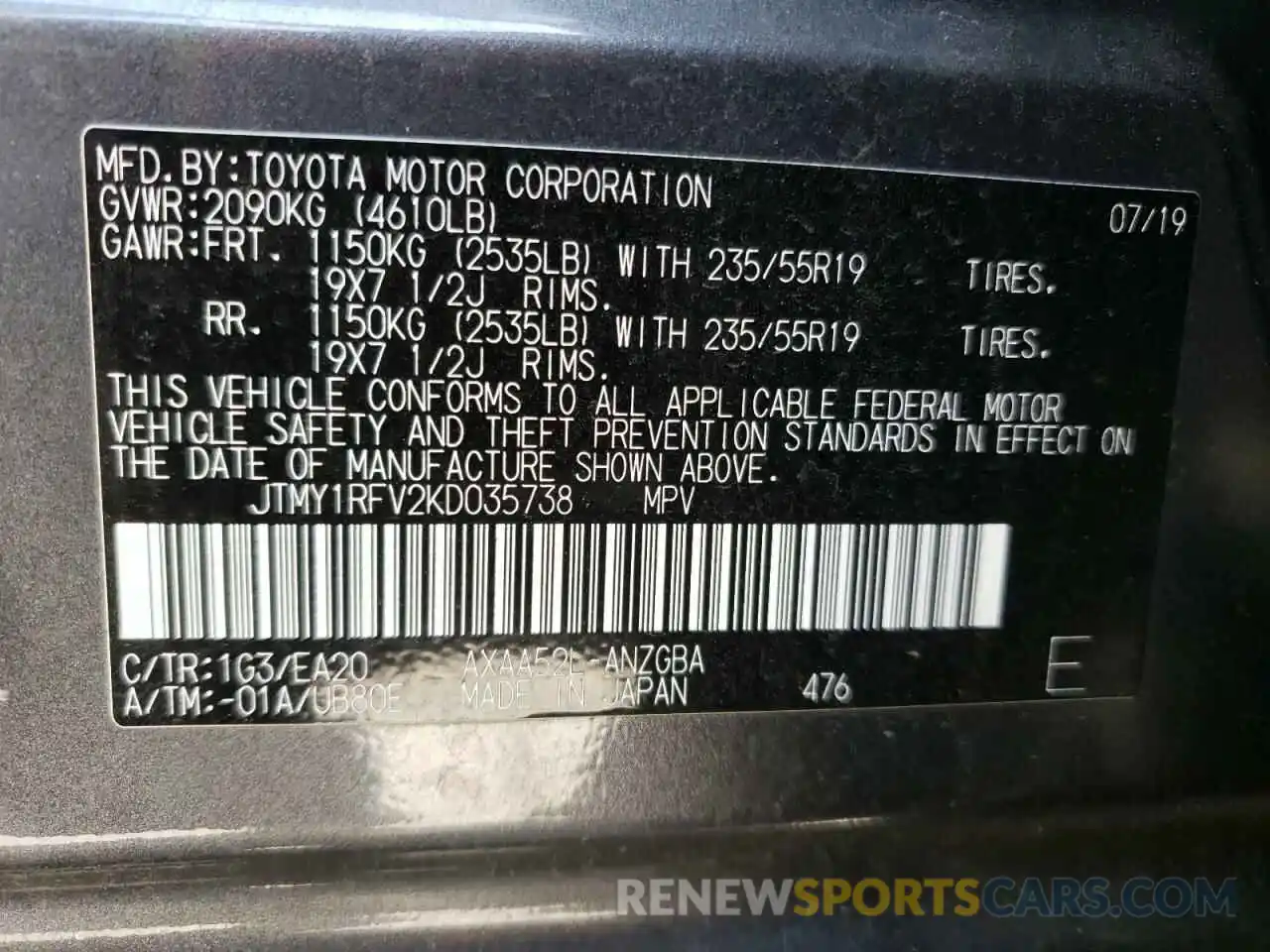 10 Фотография поврежденного автомобиля JTMY1RFV2KD035738 TOYOTA RAV4 2019