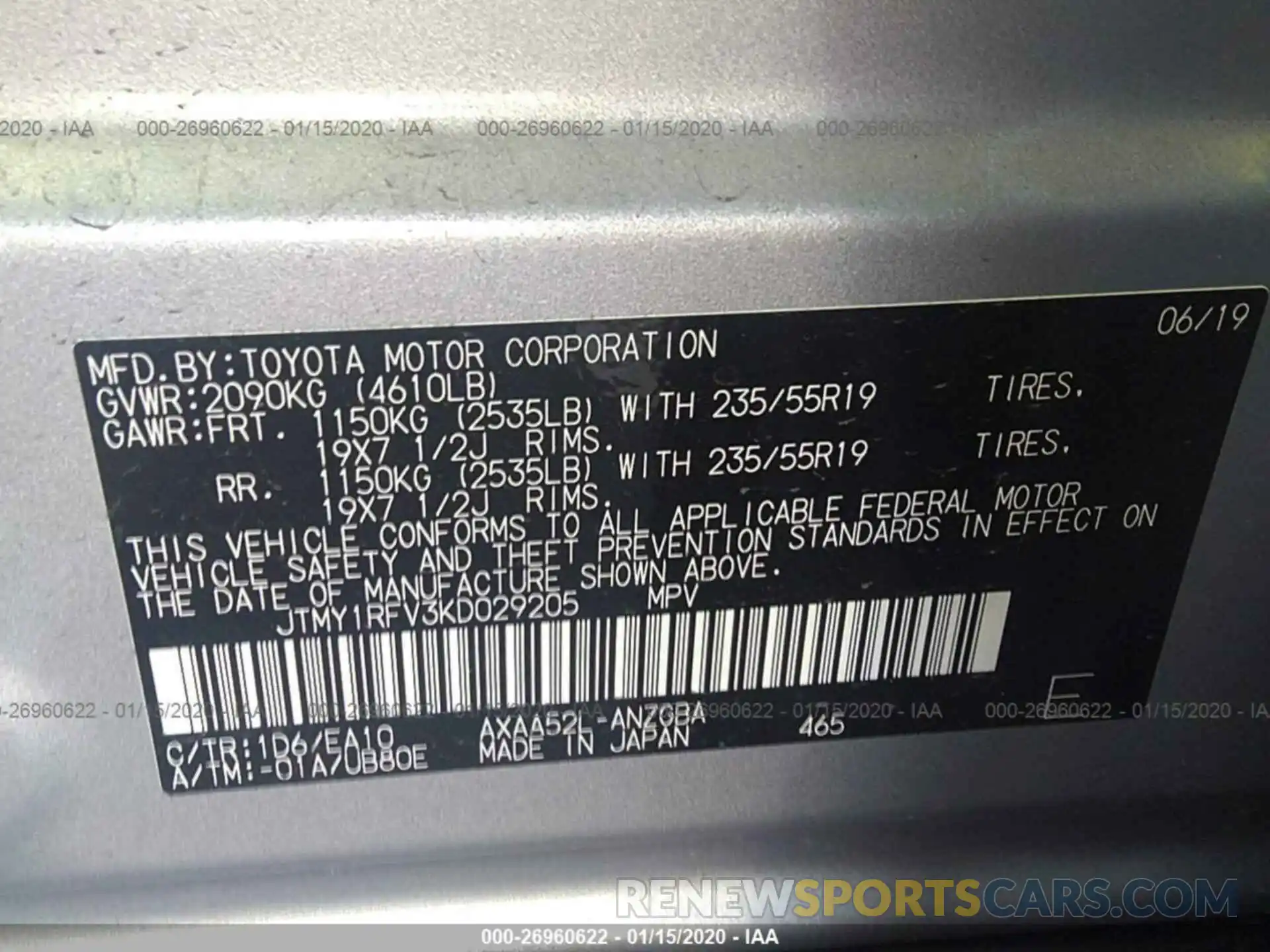 9 Фотография поврежденного автомобиля JTMY1RFV3KD029205 TOYOTA RAV4 2019