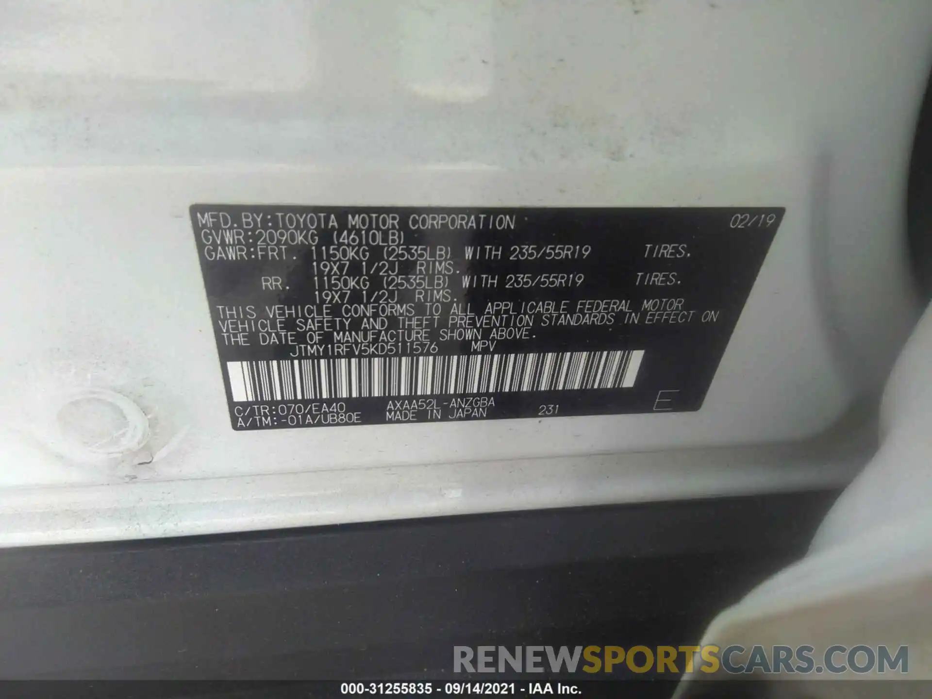 9 Фотография поврежденного автомобиля JTMY1RFV5KD511576 TOYOTA RAV4 2019