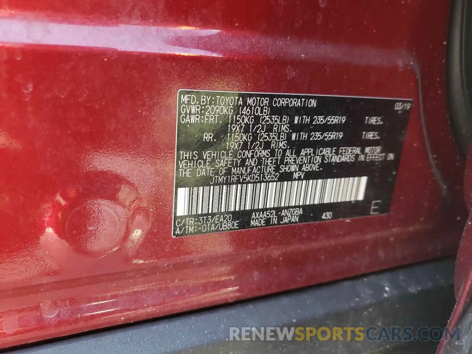 10 Photograph of a damaged car JTMY1RFV5KD513652 TOYOTA RAV4 2019