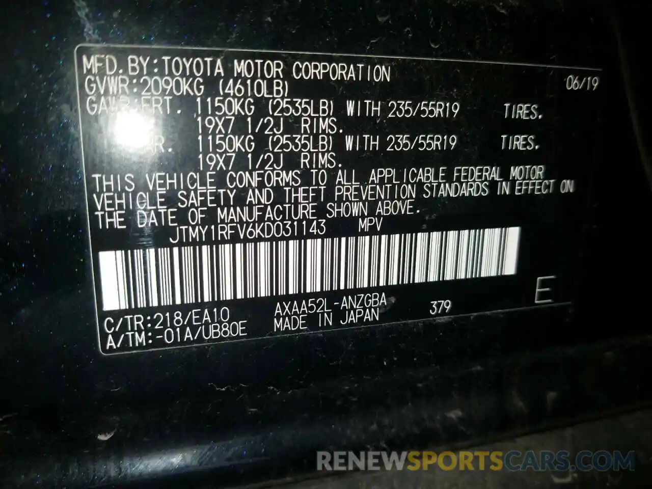 10 Фотография поврежденного автомобиля JTMY1RFV6KD031143 TOYOTA RAV4 2019