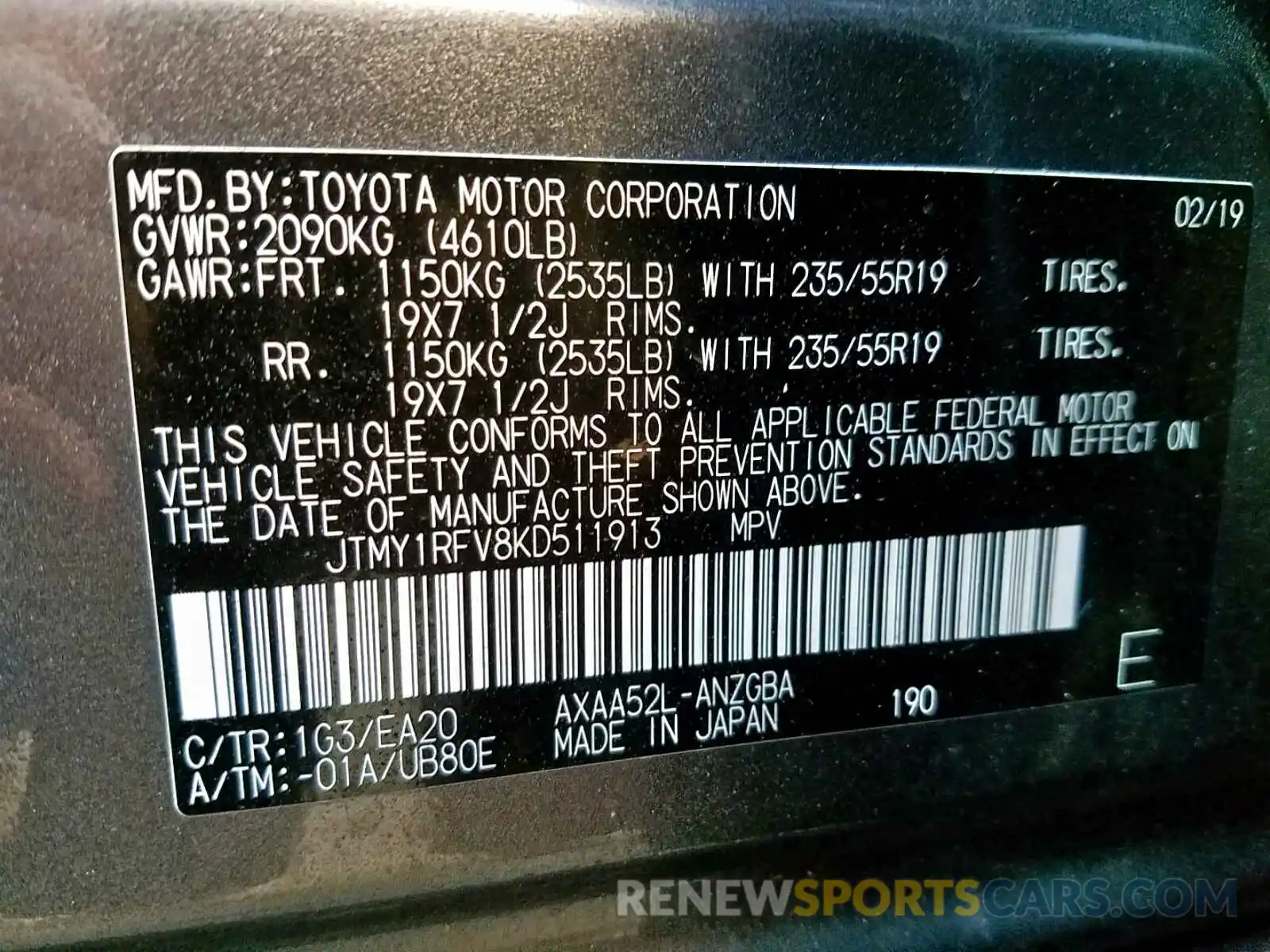 10 Фотография поврежденного автомобиля JTMY1RFV8KD511913 TOYOTA RAV4 2019