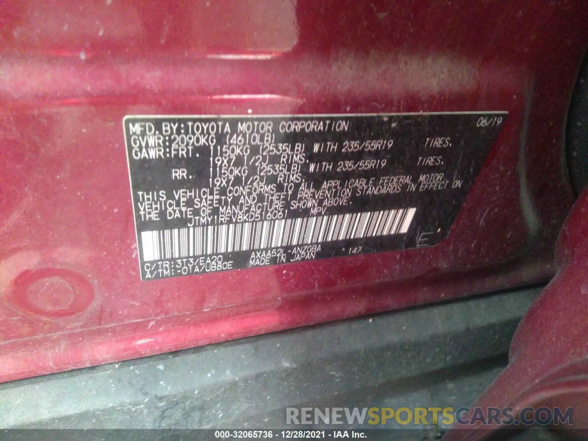 9 Фотография поврежденного автомобиля JTMY1RFV8KD516061 TOYOTA RAV4 2019