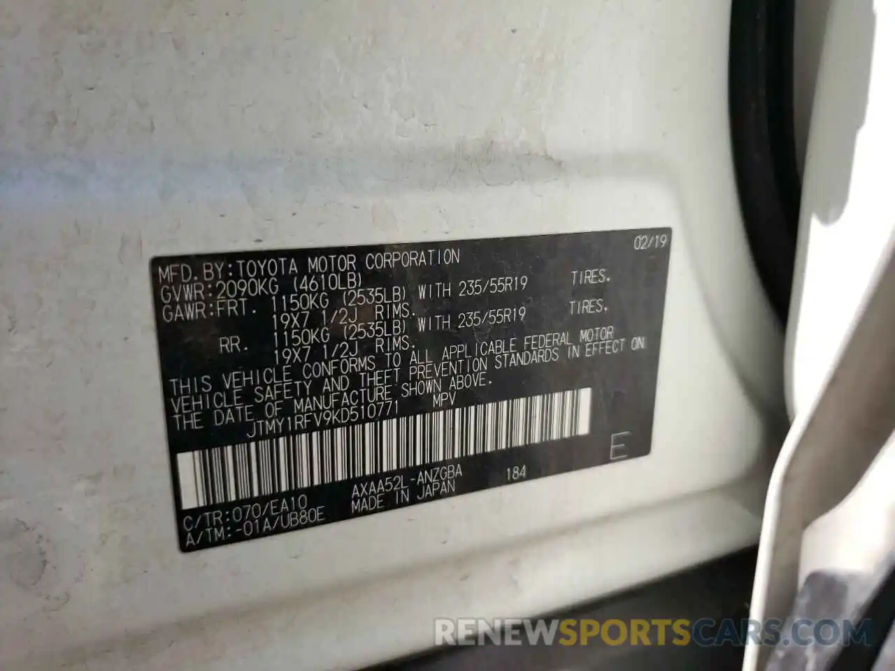 10 Photograph of a damaged car JTMY1RFV9KD510771 TOYOTA RAV4 2019