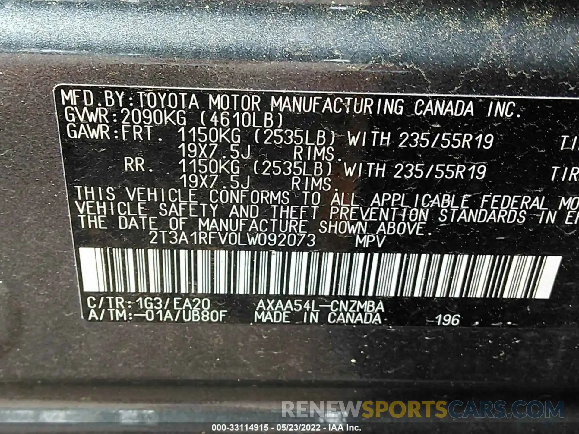 9 Фотография поврежденного автомобиля 2T3A1RFV0LW092073 TOYOTA RAV4 2020