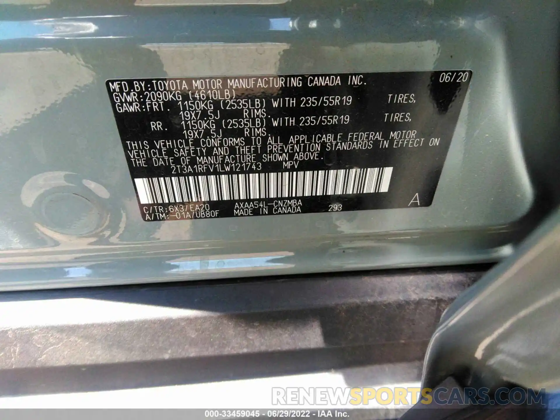 8 Фотография поврежденного автомобиля 2T3A1RFV1LW121743 TOYOTA RAV4 2020