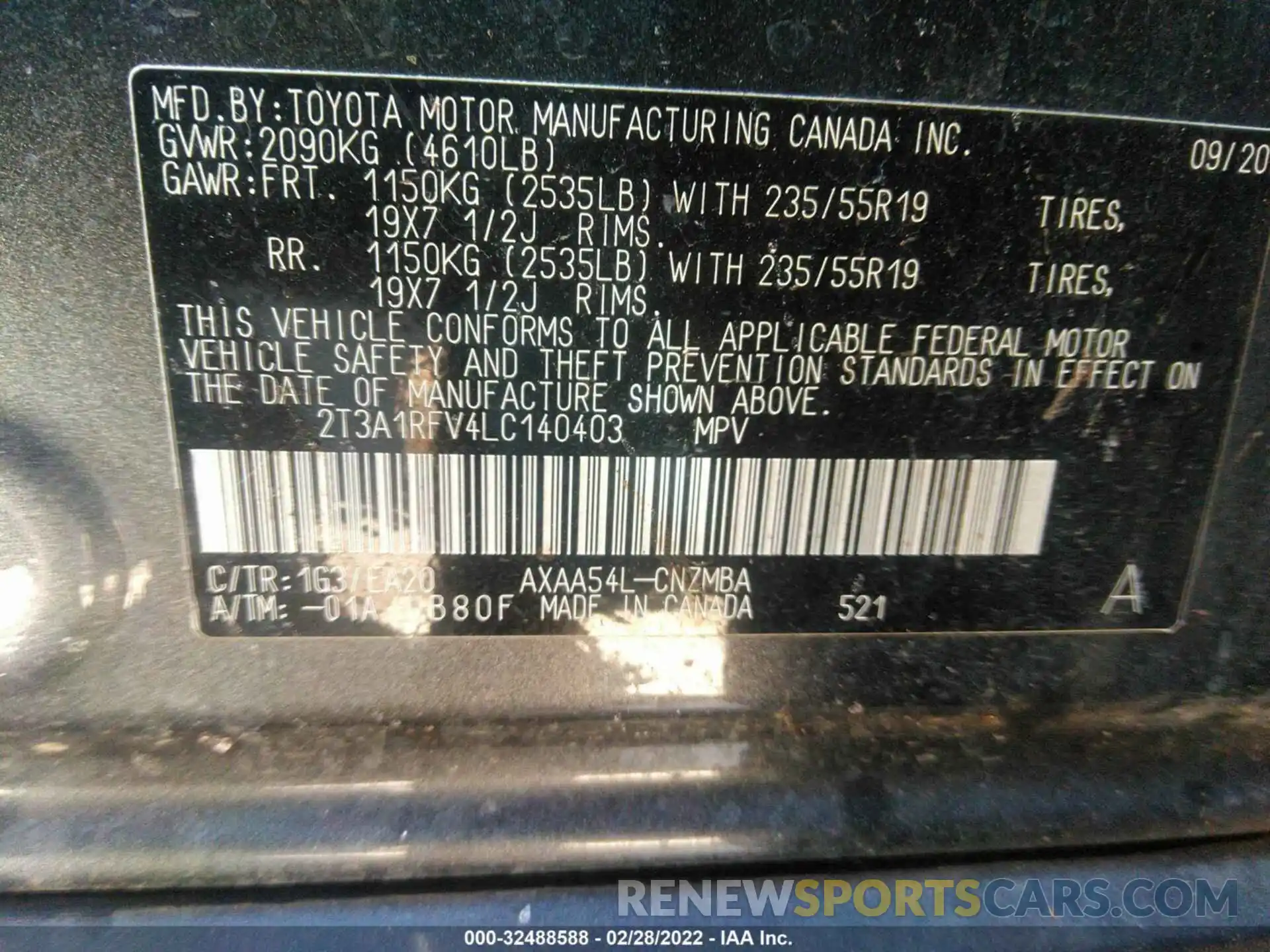 9 Фотография поврежденного автомобиля 2T3A1RFV4LC140403 TOYOTA RAV4 2020