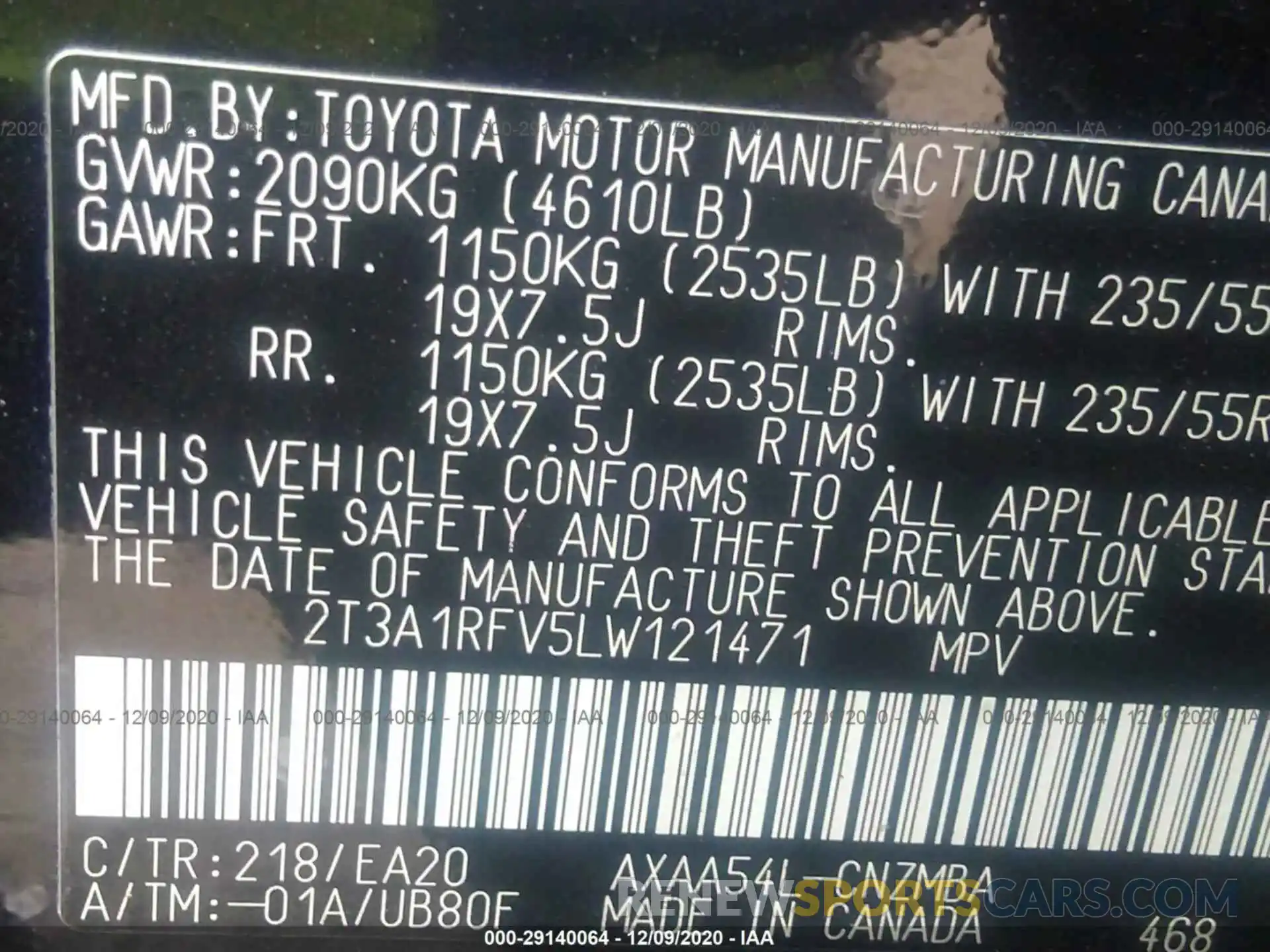 9 Фотография поврежденного автомобиля 2T3A1RFV5LW121471 TOYOTA RAV4 2020