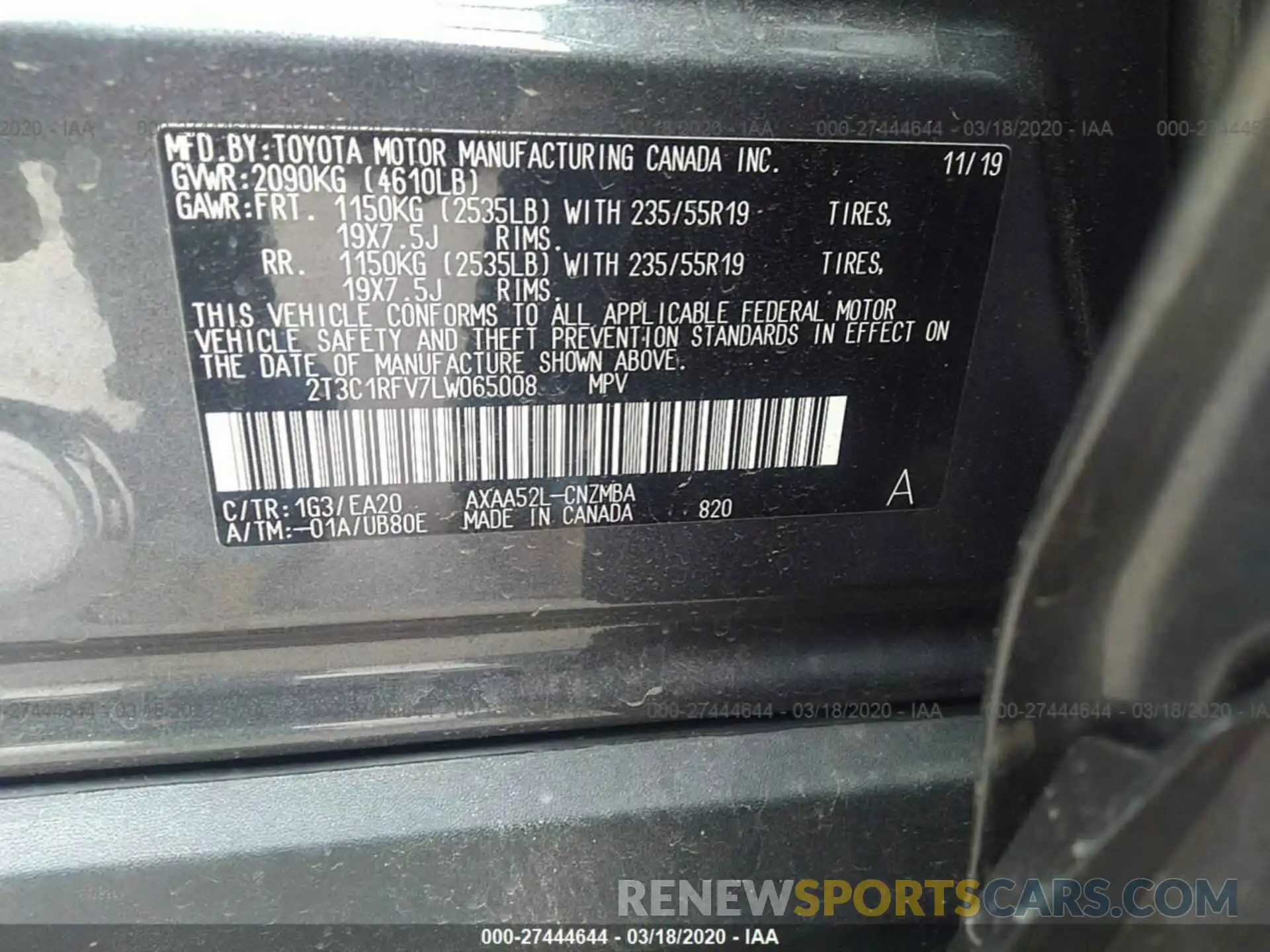 9 Фотография поврежденного автомобиля 2T3C1RFV7LW065008 TOYOTA RAV4 2020