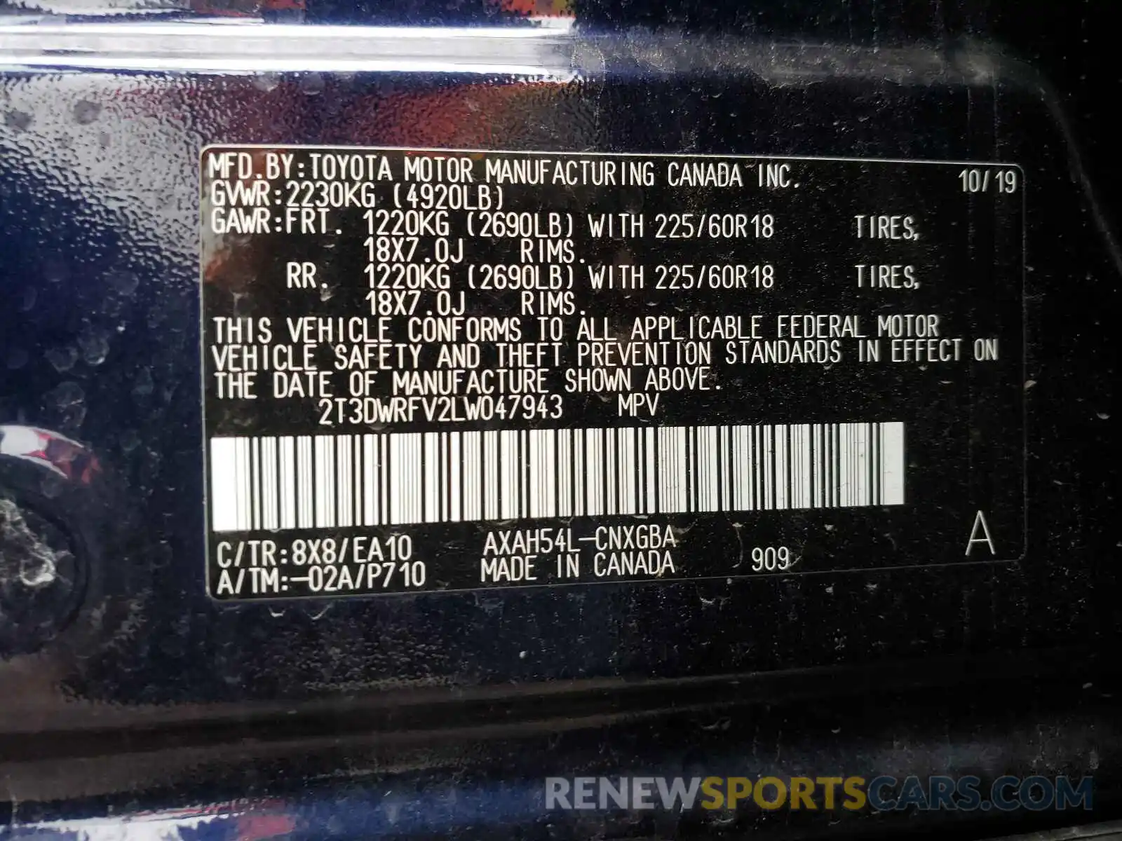 10 Фотография поврежденного автомобиля 2T3DWRFV2LW047943 TOYOTA RAV4 2020