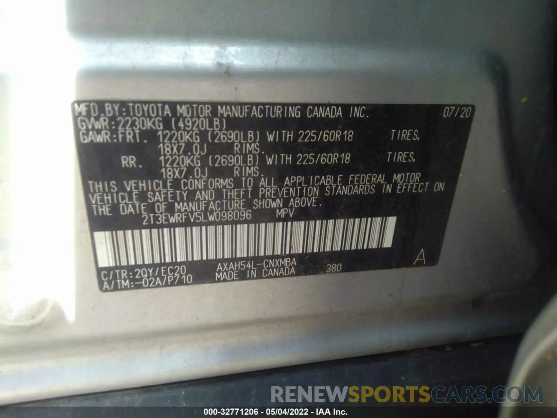 9 Фотография поврежденного автомобиля 2T3EWRFV5LW098096 TOYOTA RAV4 2020