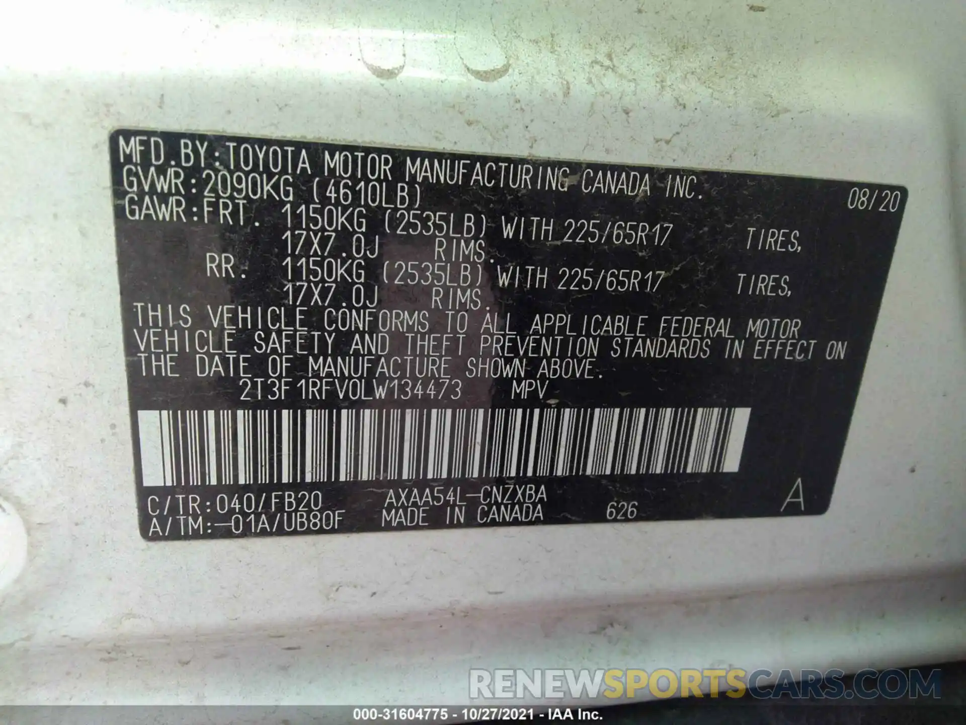 9 Фотография поврежденного автомобиля 2T3F1RFV0LW134473 TOYOTA RAV4 2020