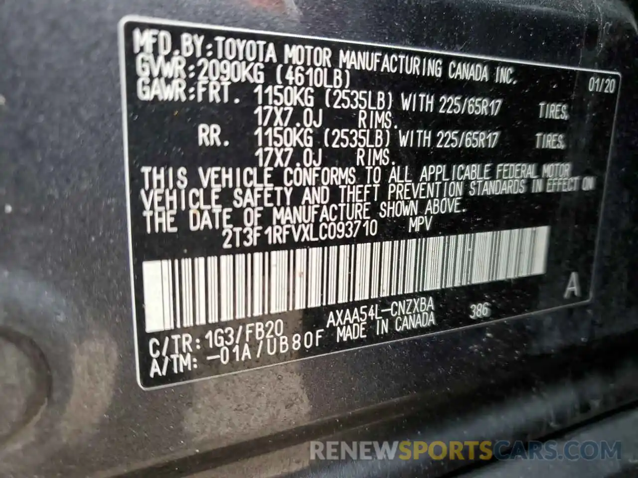 12 Фотография поврежденного автомобиля 2T3F1RFVXLC093710 TOYOTA RAV4 2020