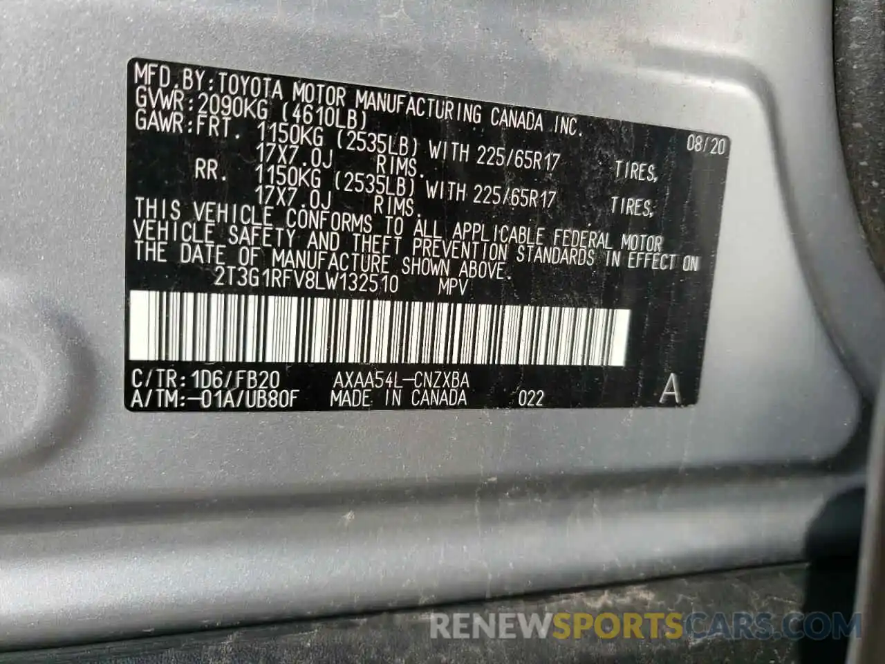 10 Фотография поврежденного автомобиля 2T3G1RFV8LW132510 TOYOTA RAV4 2020