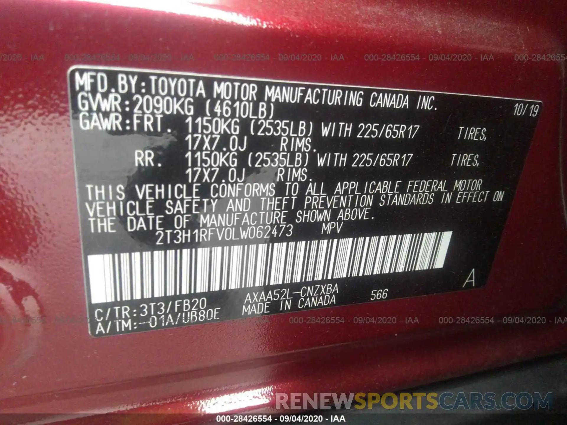 9 Фотография поврежденного автомобиля 2T3H1RFV0LW062473 TOYOTA RAV4 2020