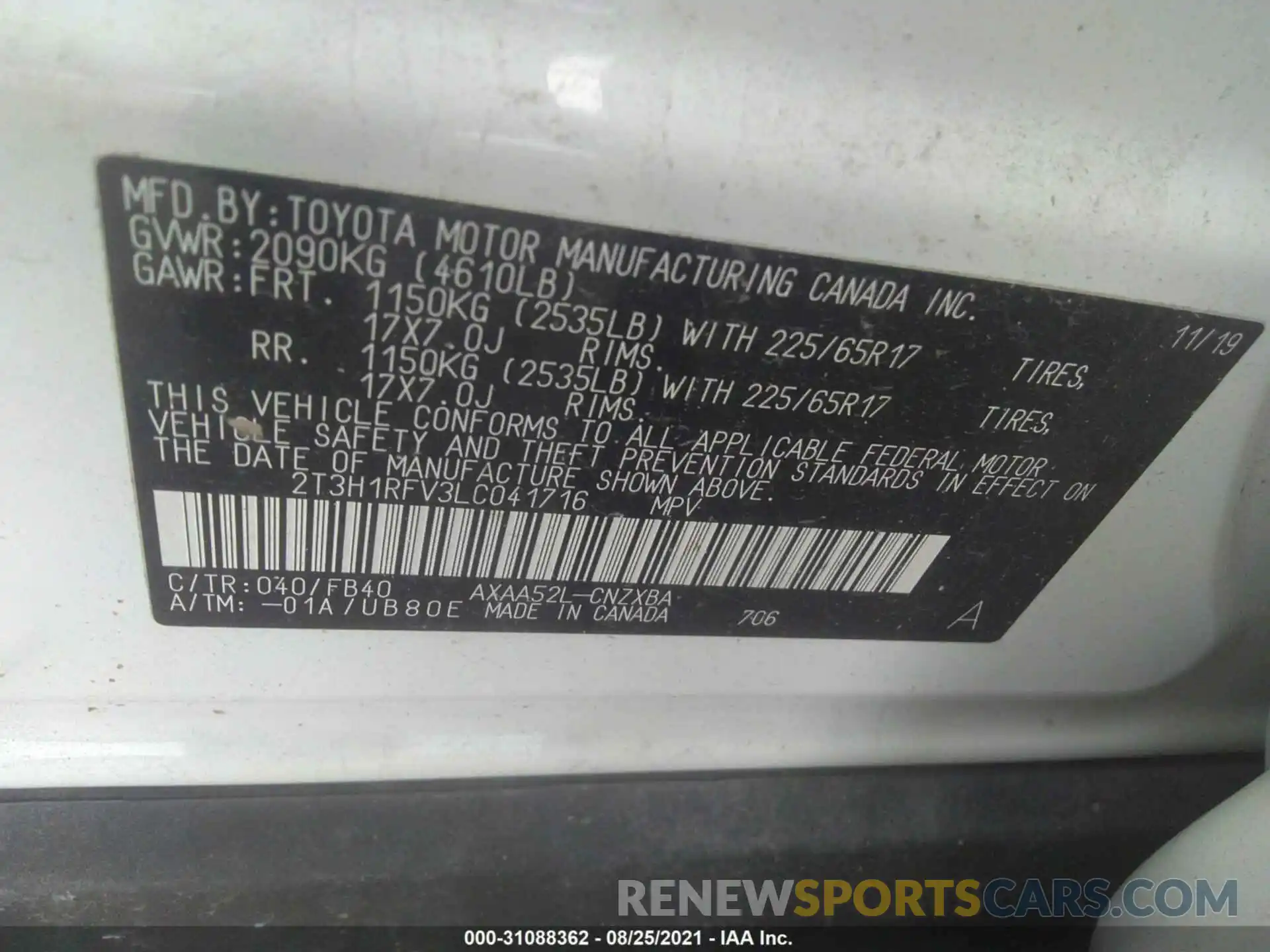 9 Фотография поврежденного автомобиля 2T3H1RFV3LC041716 TOYOTA RAV4 2020