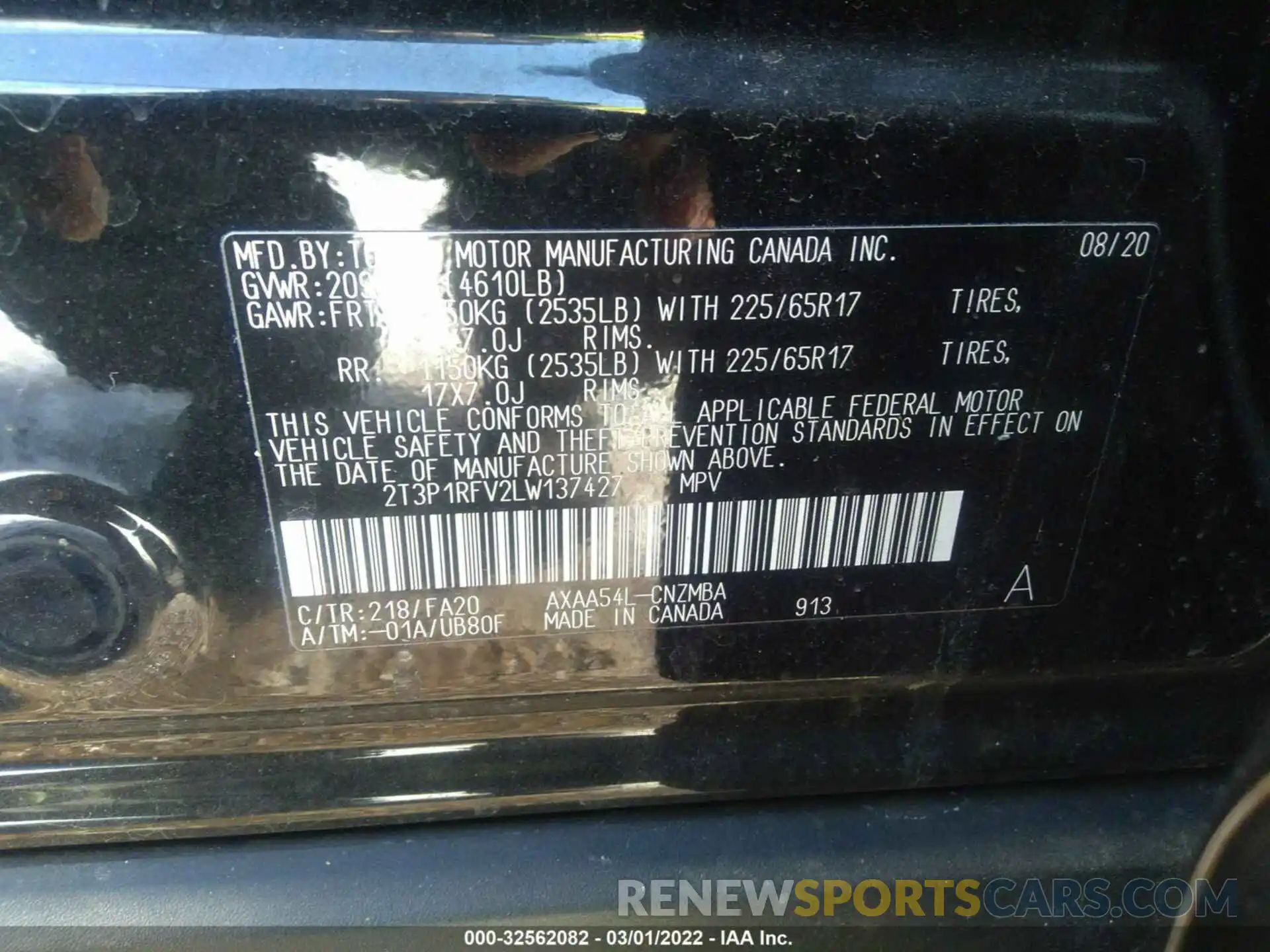 9 Фотография поврежденного автомобиля 2T3P1RFV2LW137427 TOYOTA RAV4 2020