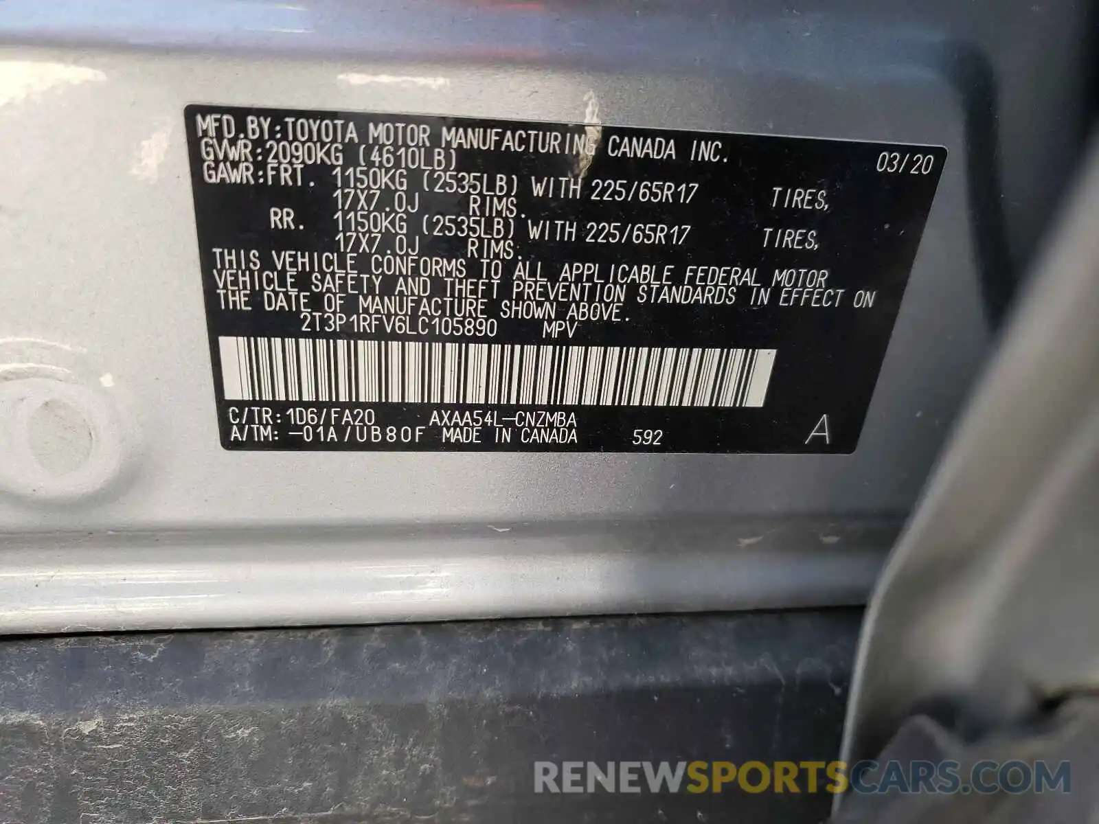 10 Фотография поврежденного автомобиля 2T3P1RFV6LC105890 TOYOTA RAV4 2020