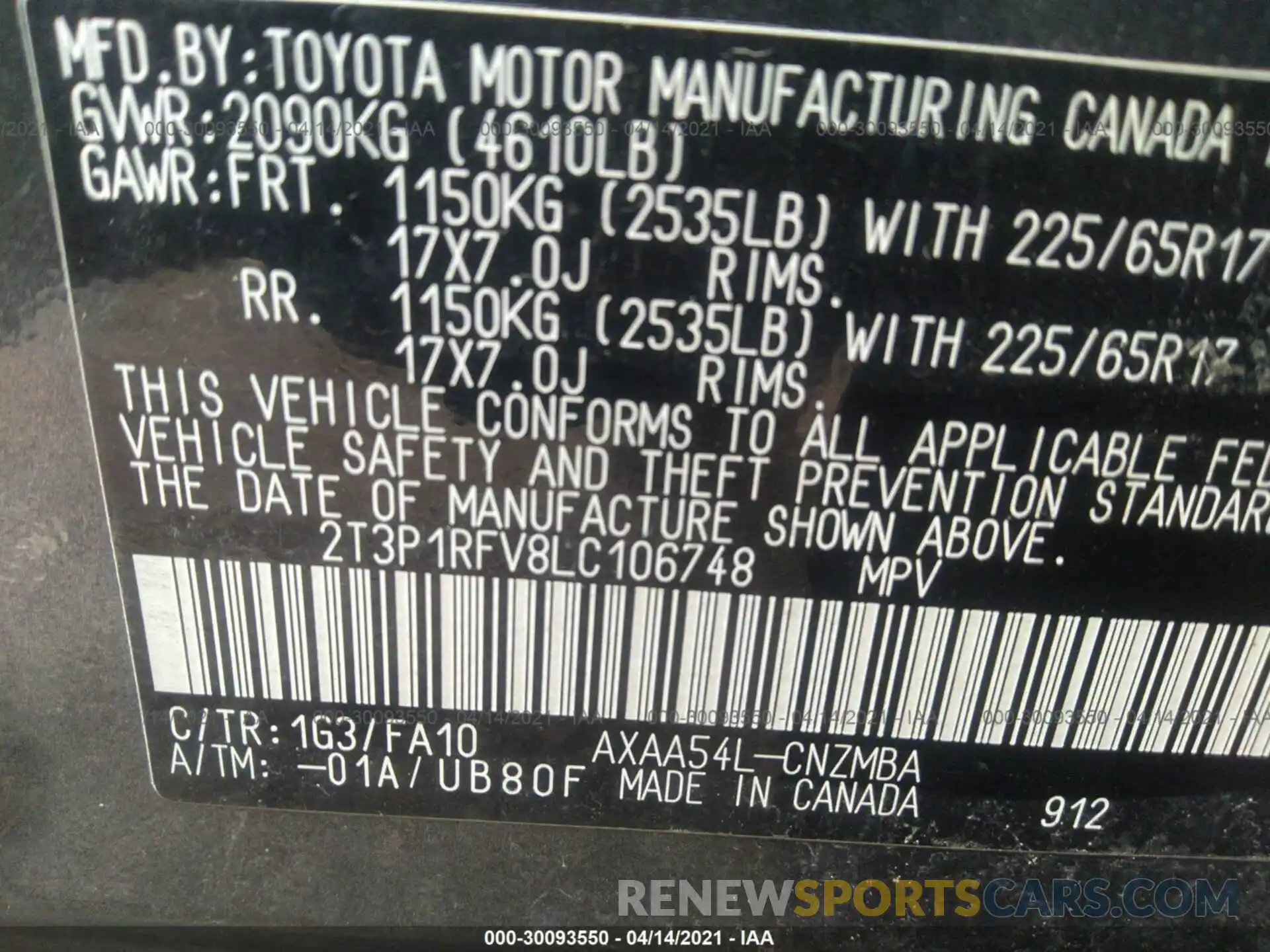 9 Фотография поврежденного автомобиля 2T3P1RFV8LC106748 TOYOTA RAV4 2020