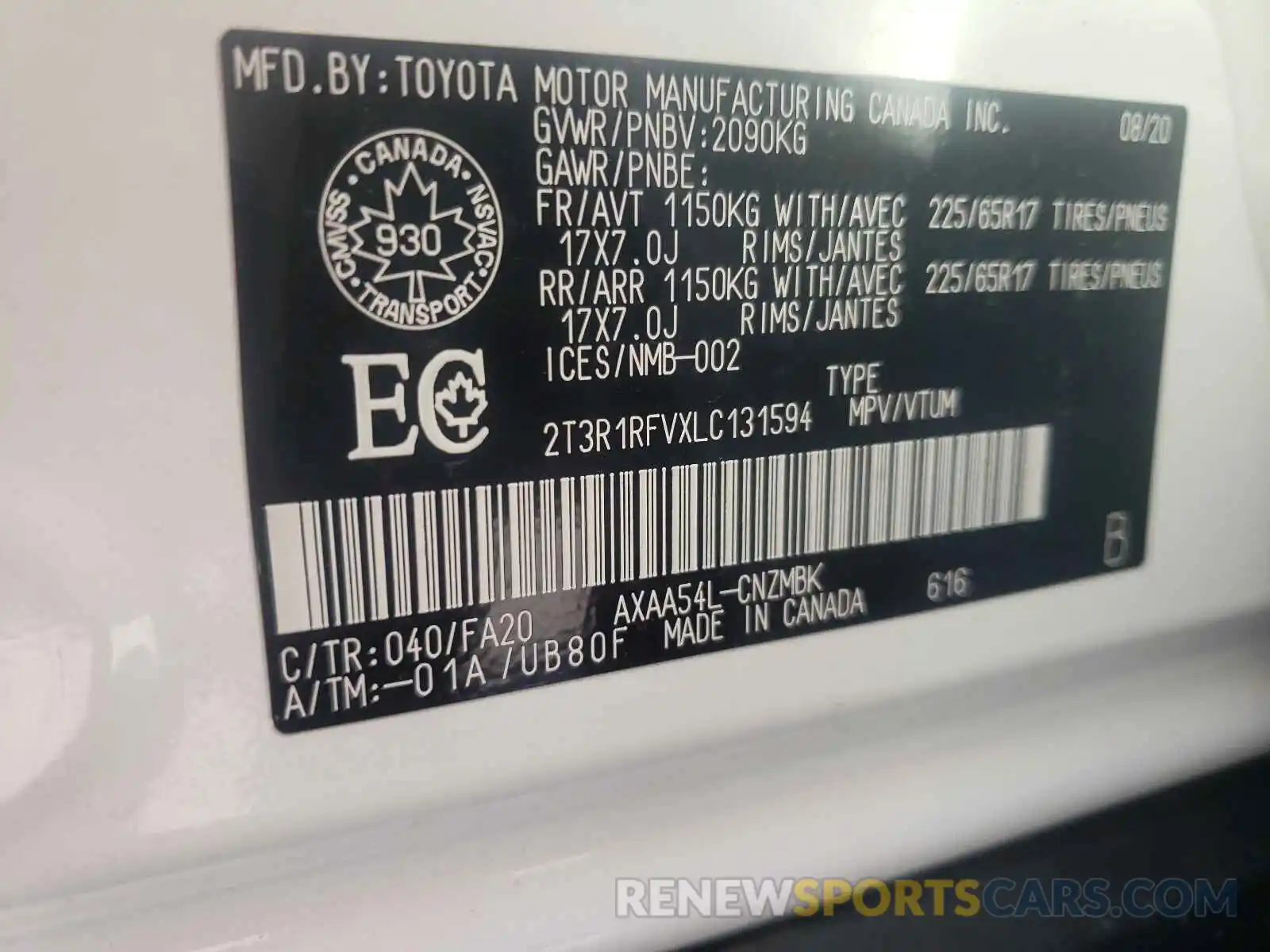 10 Фотография поврежденного автомобиля 2T3R1RFVXLC131594 TOYOTA RAV4 2020