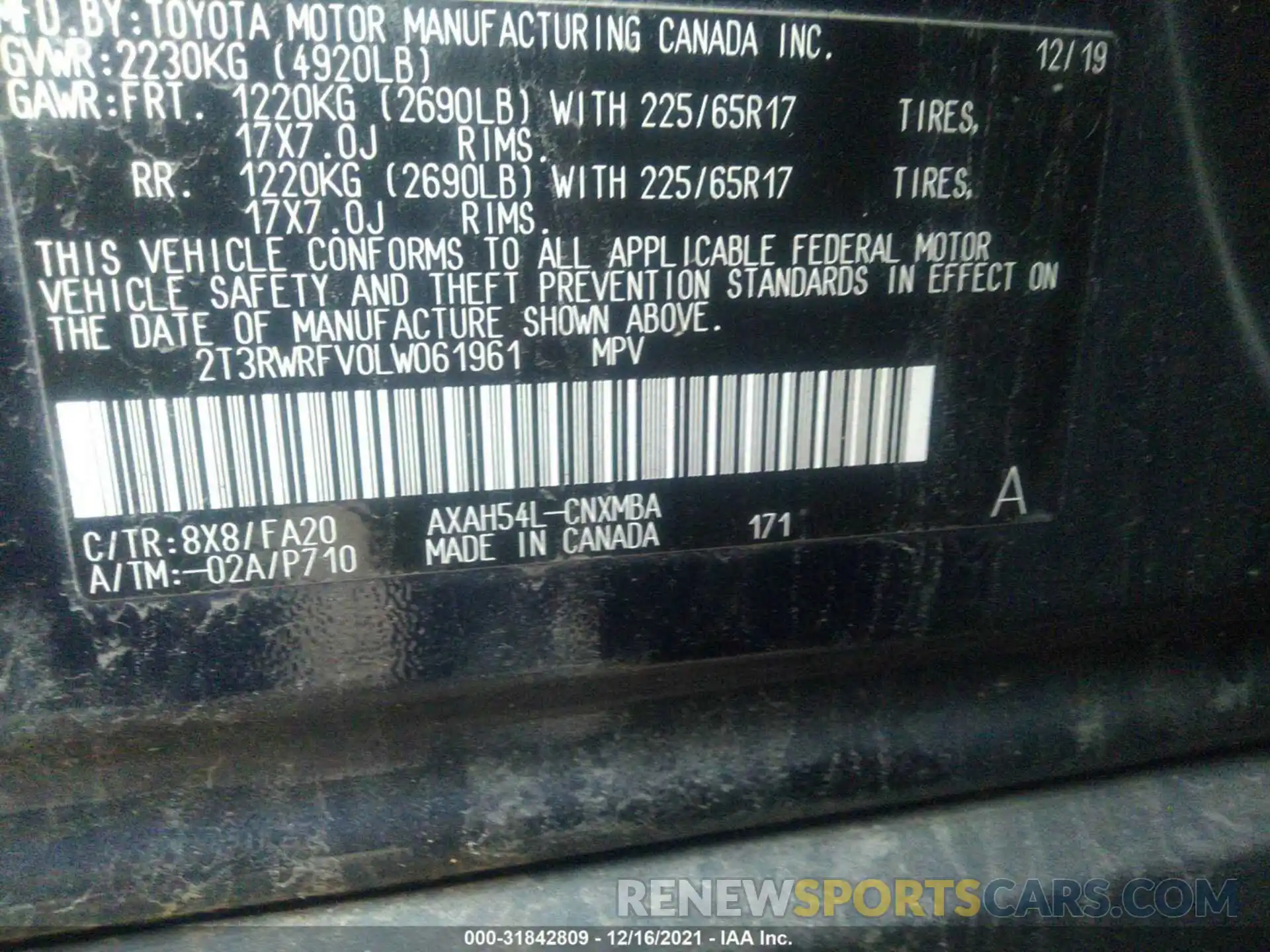 9 Фотография поврежденного автомобиля 2T3RWRFV0LW061961 TOYOTA RAV4 2020