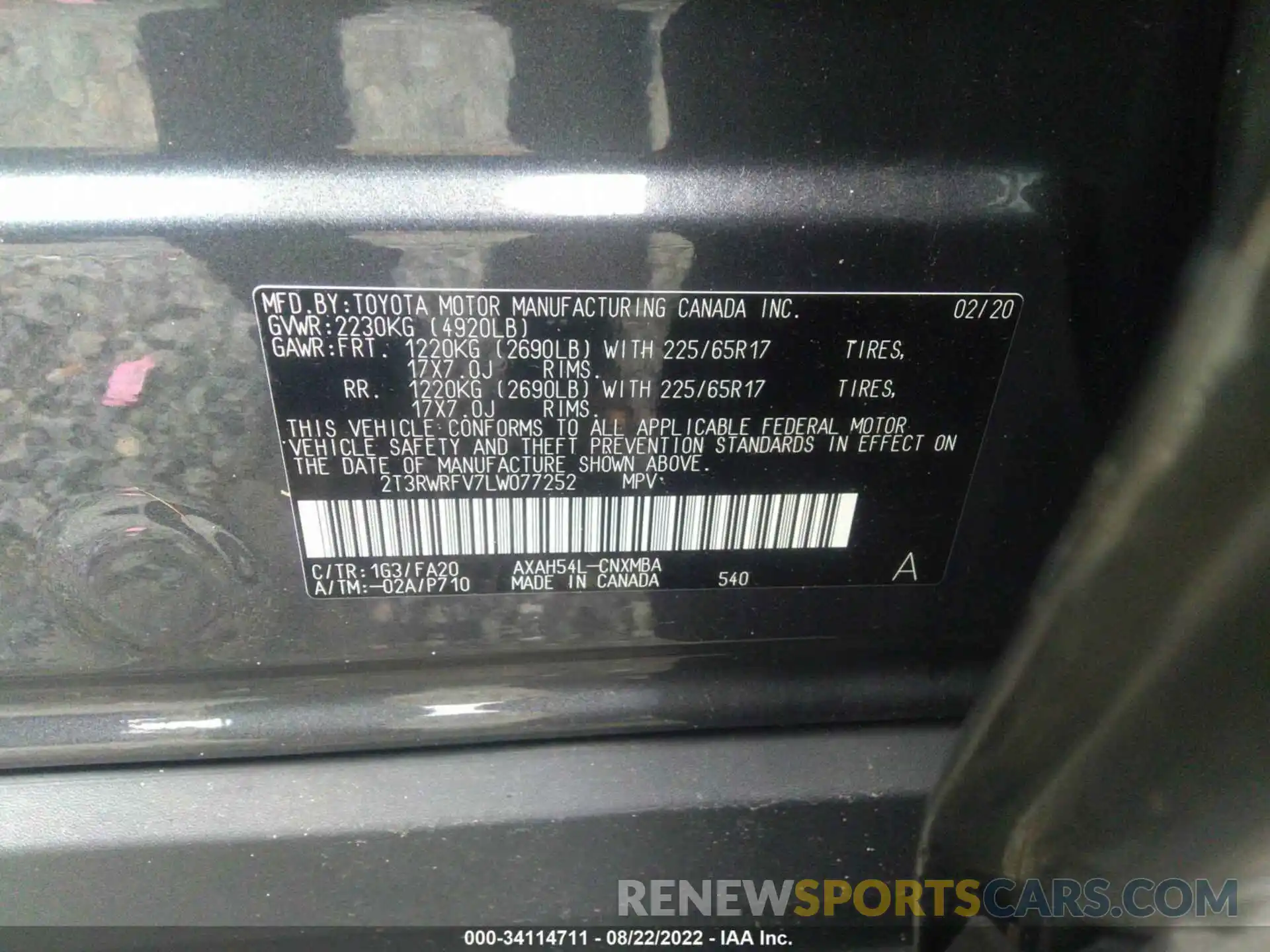 9 Фотография поврежденного автомобиля 2T3RWRFV7LW077252 TOYOTA RAV4 2020