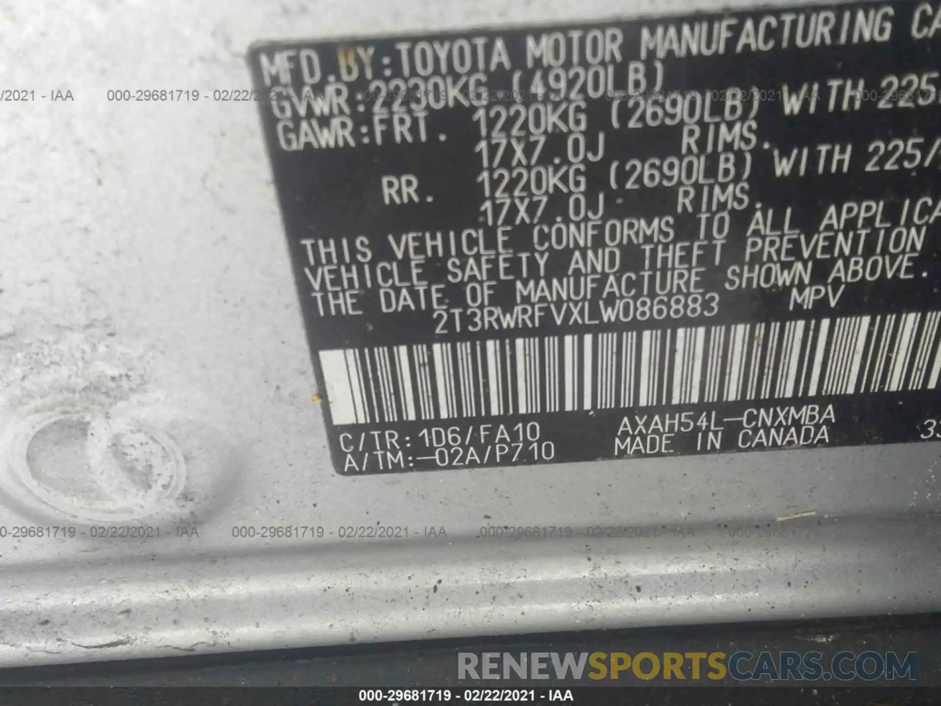 9 Фотография поврежденного автомобиля 2T3RWRFVXLW086883 TOYOTA RAV4 2020