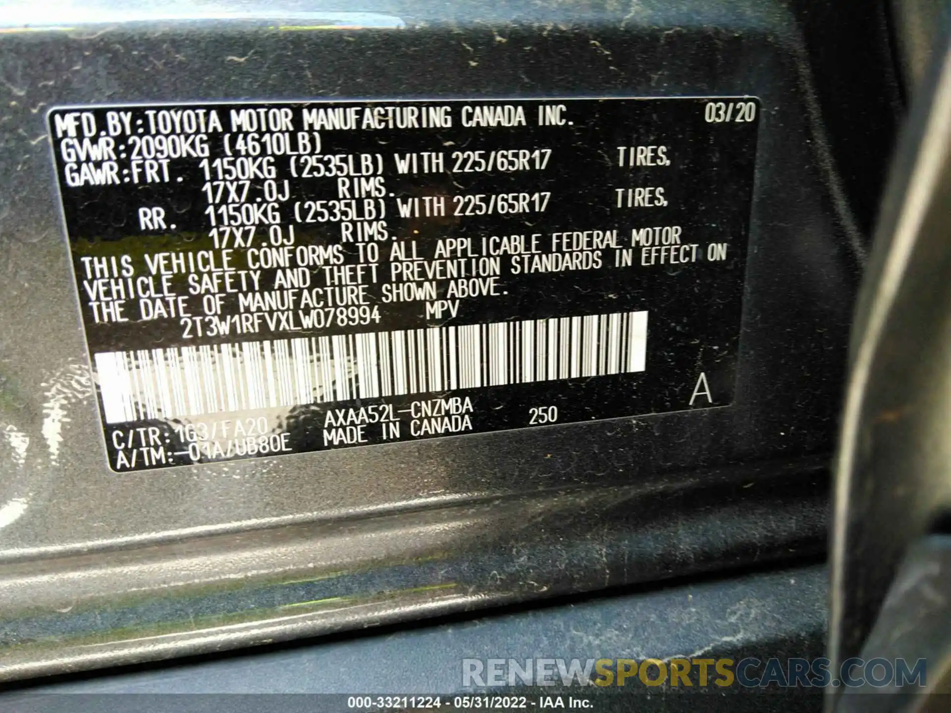 9 Фотография поврежденного автомобиля 2T3W1RFVXLW078994 TOYOTA RAV4 2020