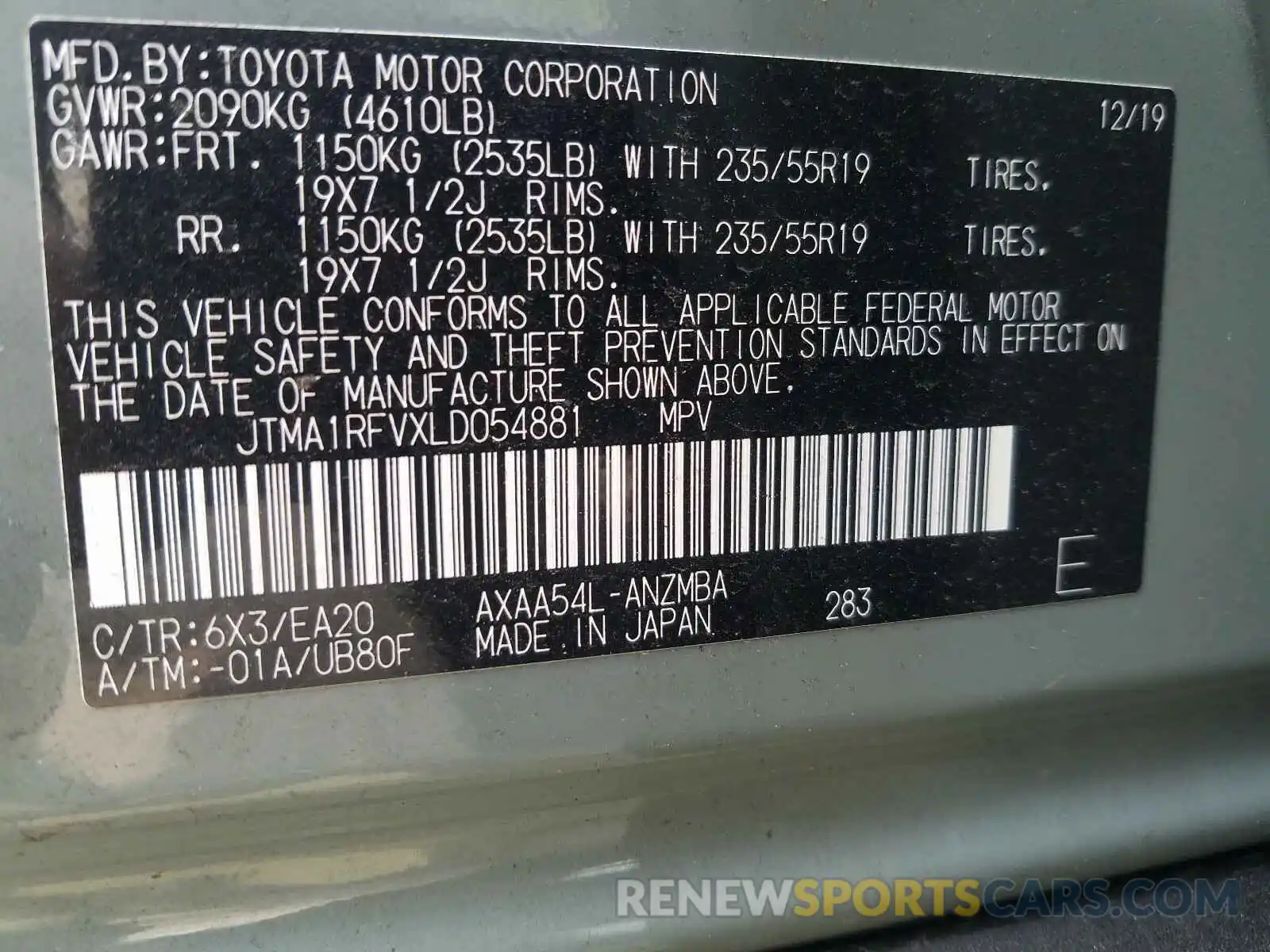 10 Фотография поврежденного автомобиля JTMA1RFVXLD054881 TOYOTA RAV4 2020