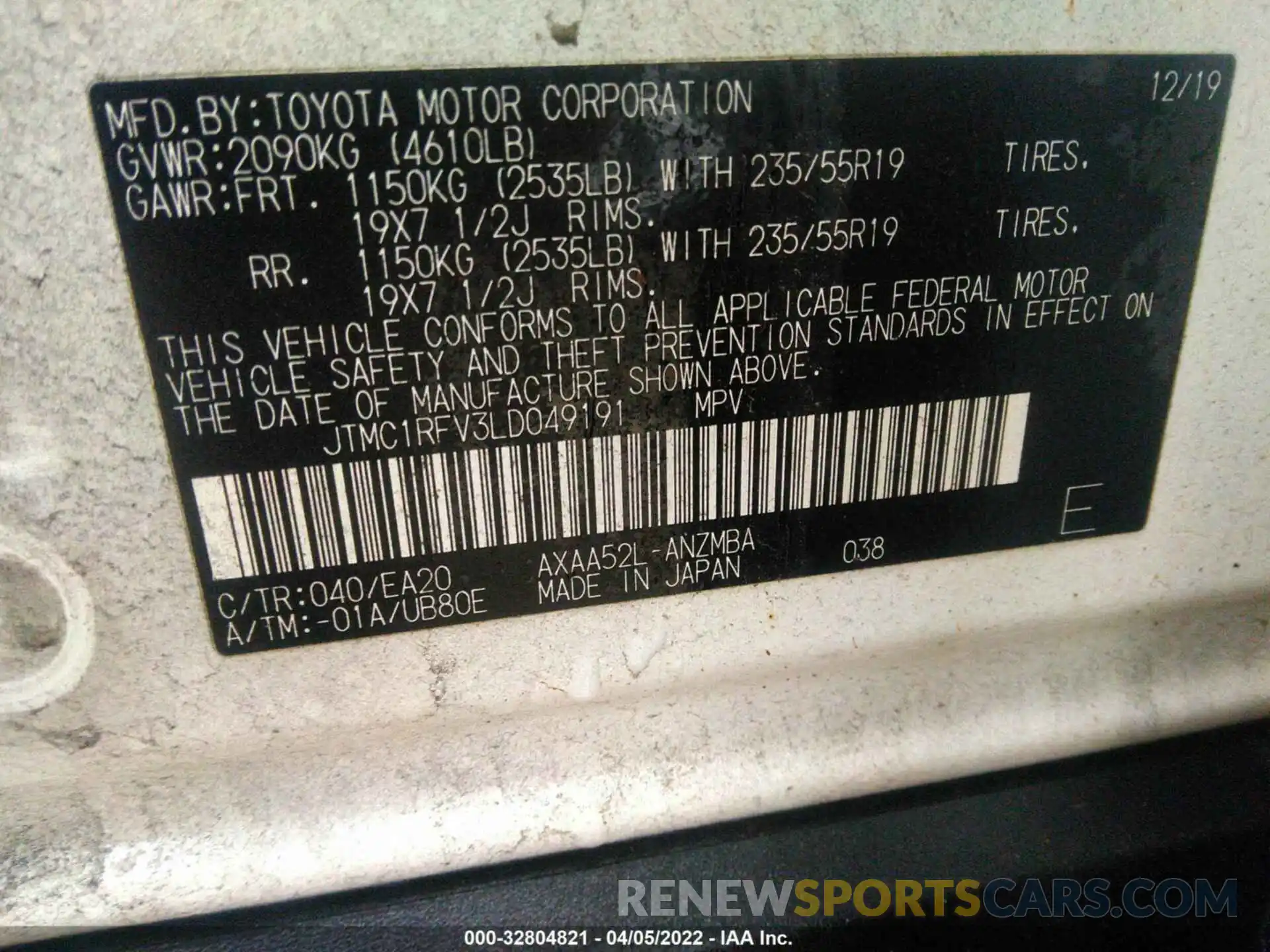 9 Фотография поврежденного автомобиля JTMC1RFV3LD049191 TOYOTA RAV4 2020