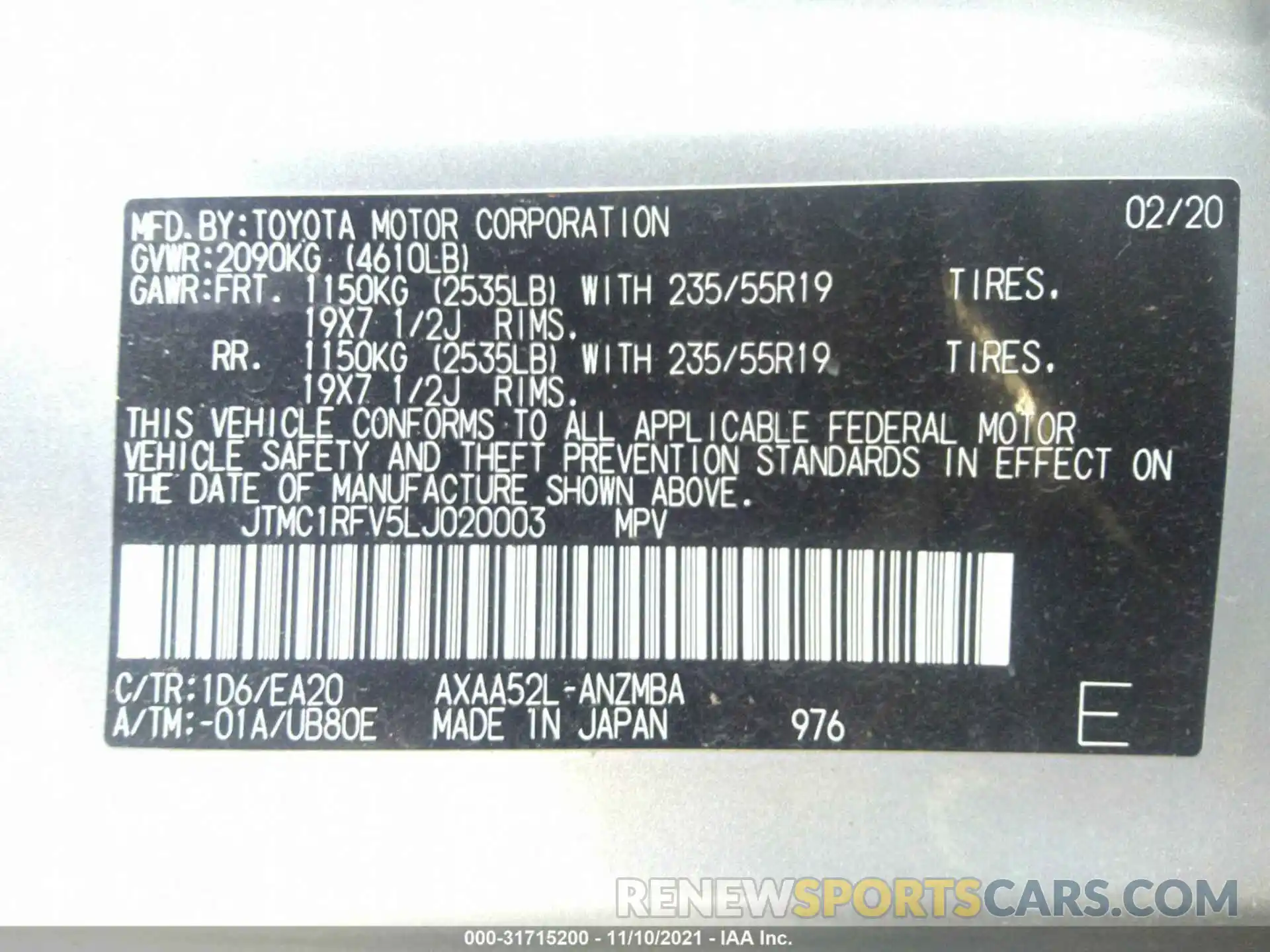 9 Photograph of a damaged car JTMC1RFV5LJ020003 TOYOTA RAV4 2020