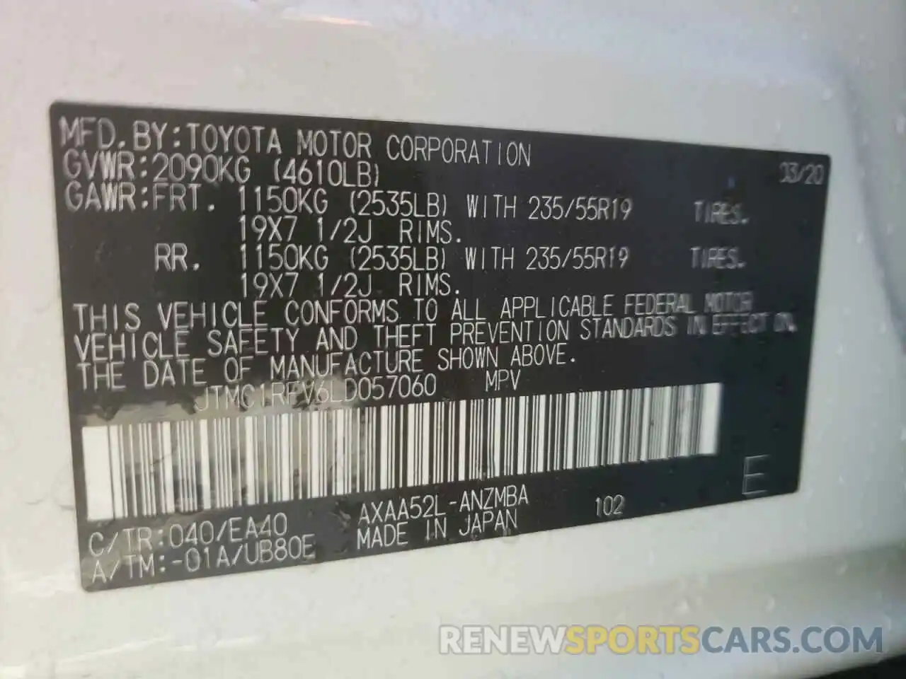 10 Фотография поврежденного автомобиля JTMC1RFV6LD057060 TOYOTA RAV4 2020