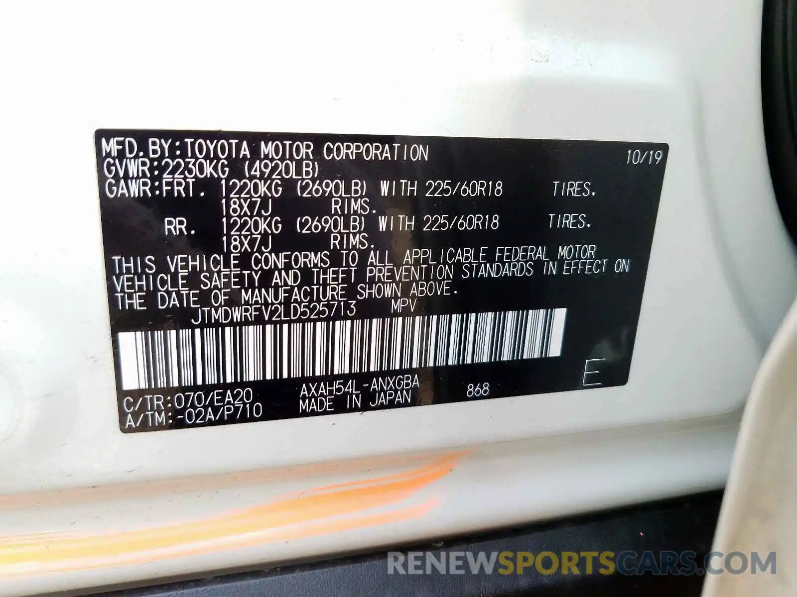 10 Фотография поврежденного автомобиля JTMDWRFV2LD525713 TOYOTA RAV4 2020