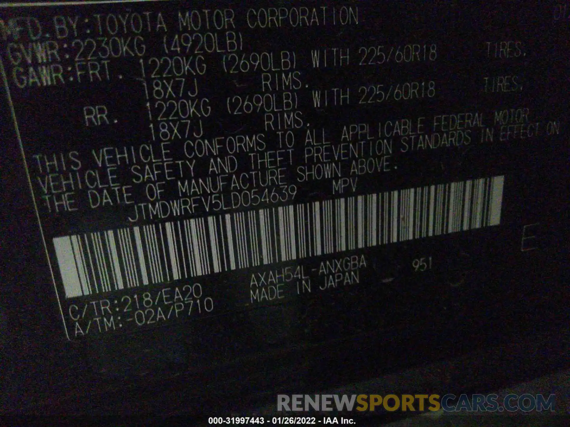 9 Фотография поврежденного автомобиля JTMDWRFV5LD054639 TOYOTA RAV4 2020