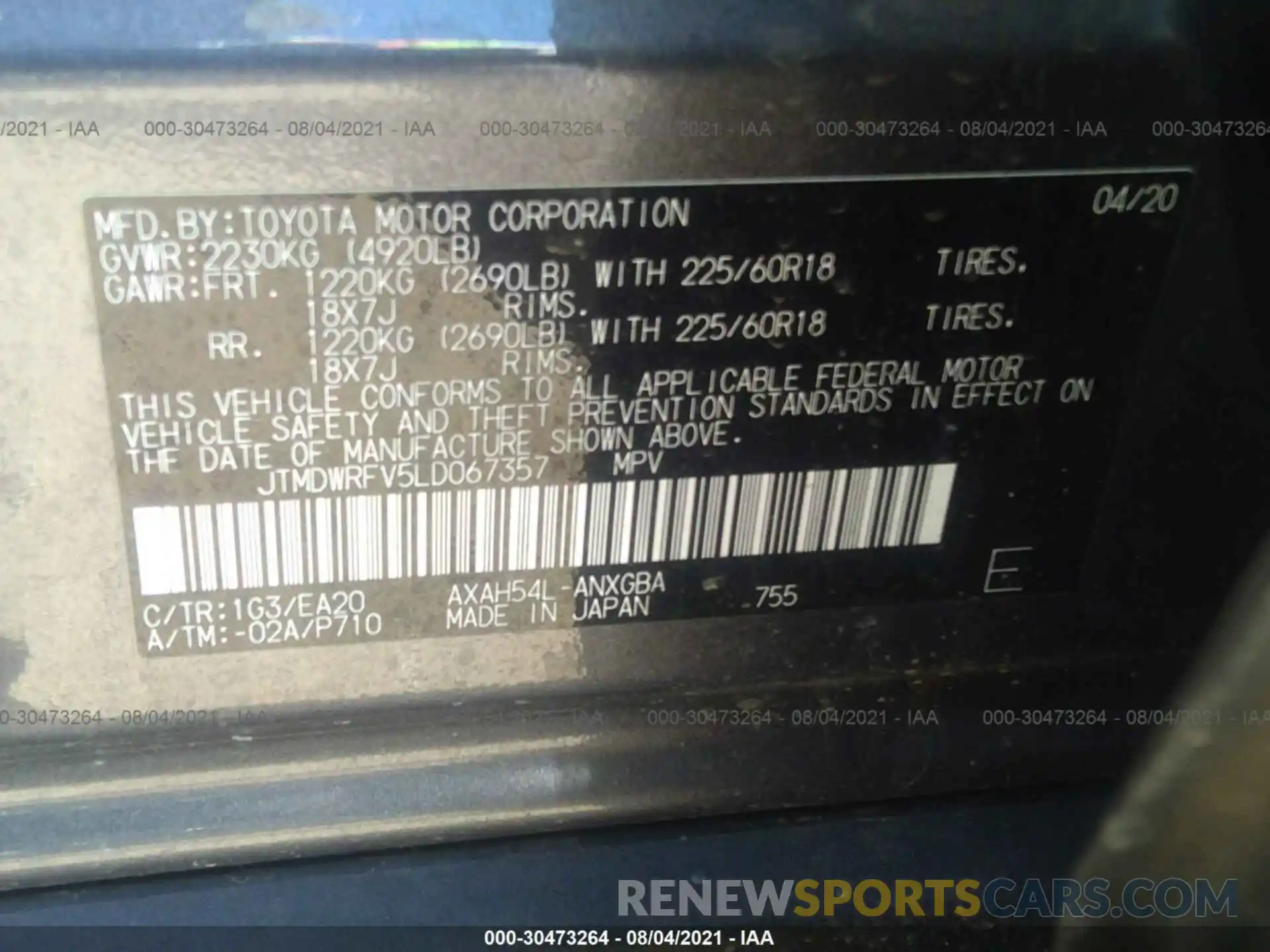 9 Фотография поврежденного автомобиля JTMDWRFV5LD067357 TOYOTA RAV4 2020