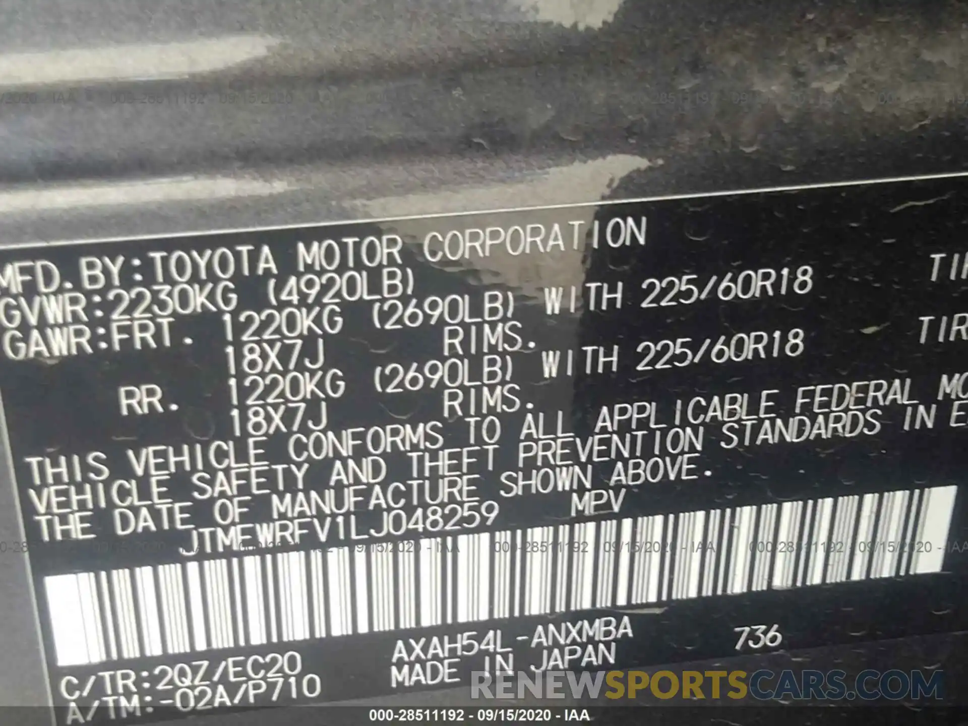 9 Фотография поврежденного автомобиля JTMEWRFV1LJ048259 TOYOTA RAV4 2020