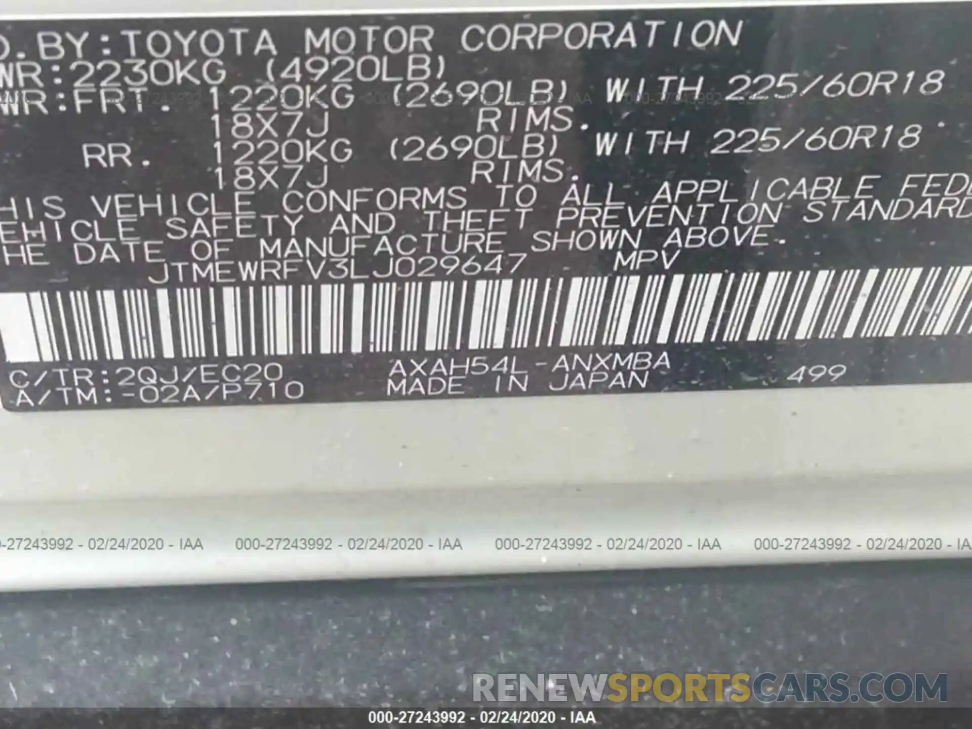 9 Фотография поврежденного автомобиля JTMEWRFV3LJ029647 TOYOTA RAV4 2020