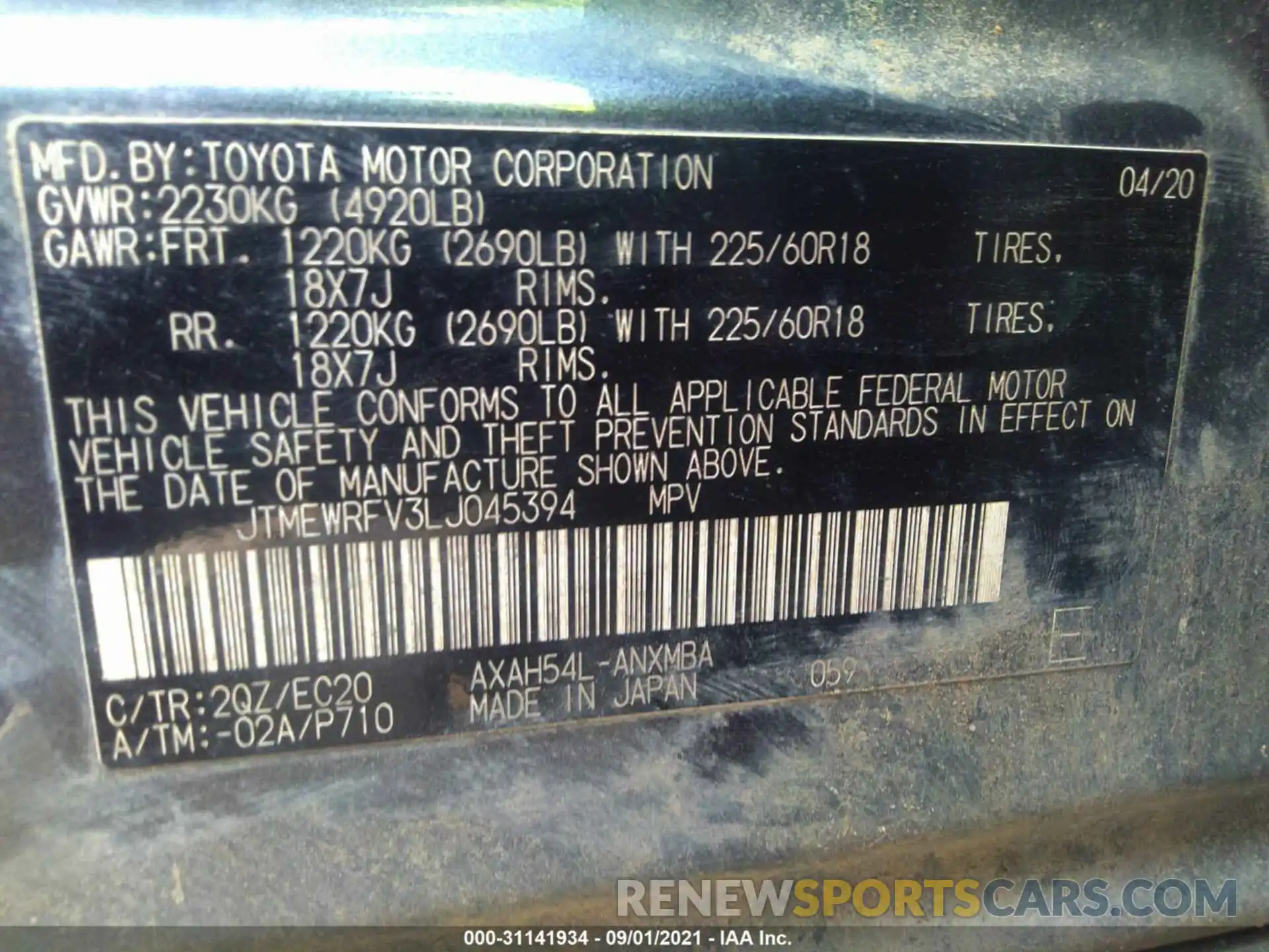 9 Фотография поврежденного автомобиля JTMEWRFV3LJ045394 TOYOTA RAV4 2020