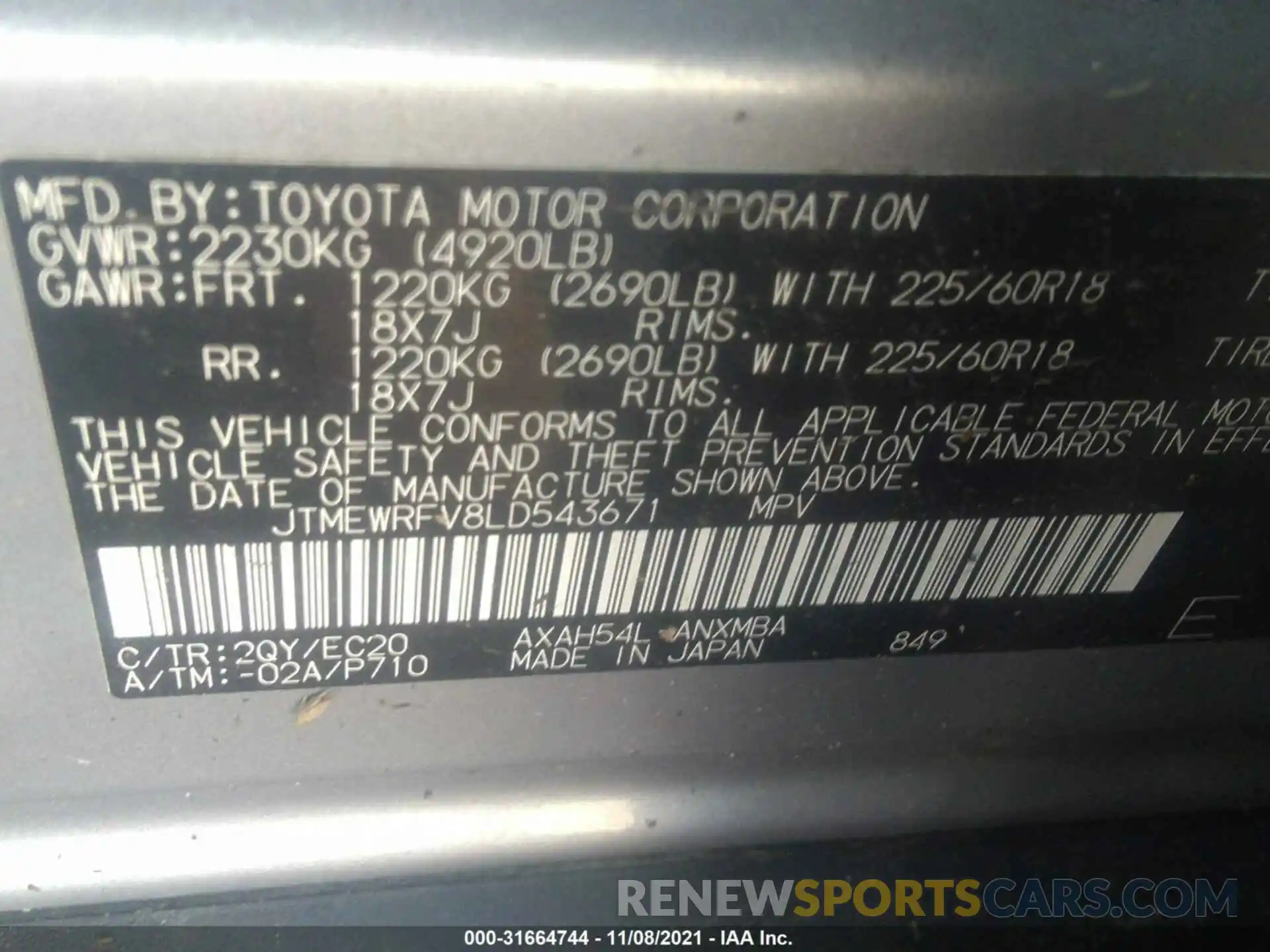 9 Фотография поврежденного автомобиля JTMEWRFV8LD543671 TOYOTA RAV4 2020